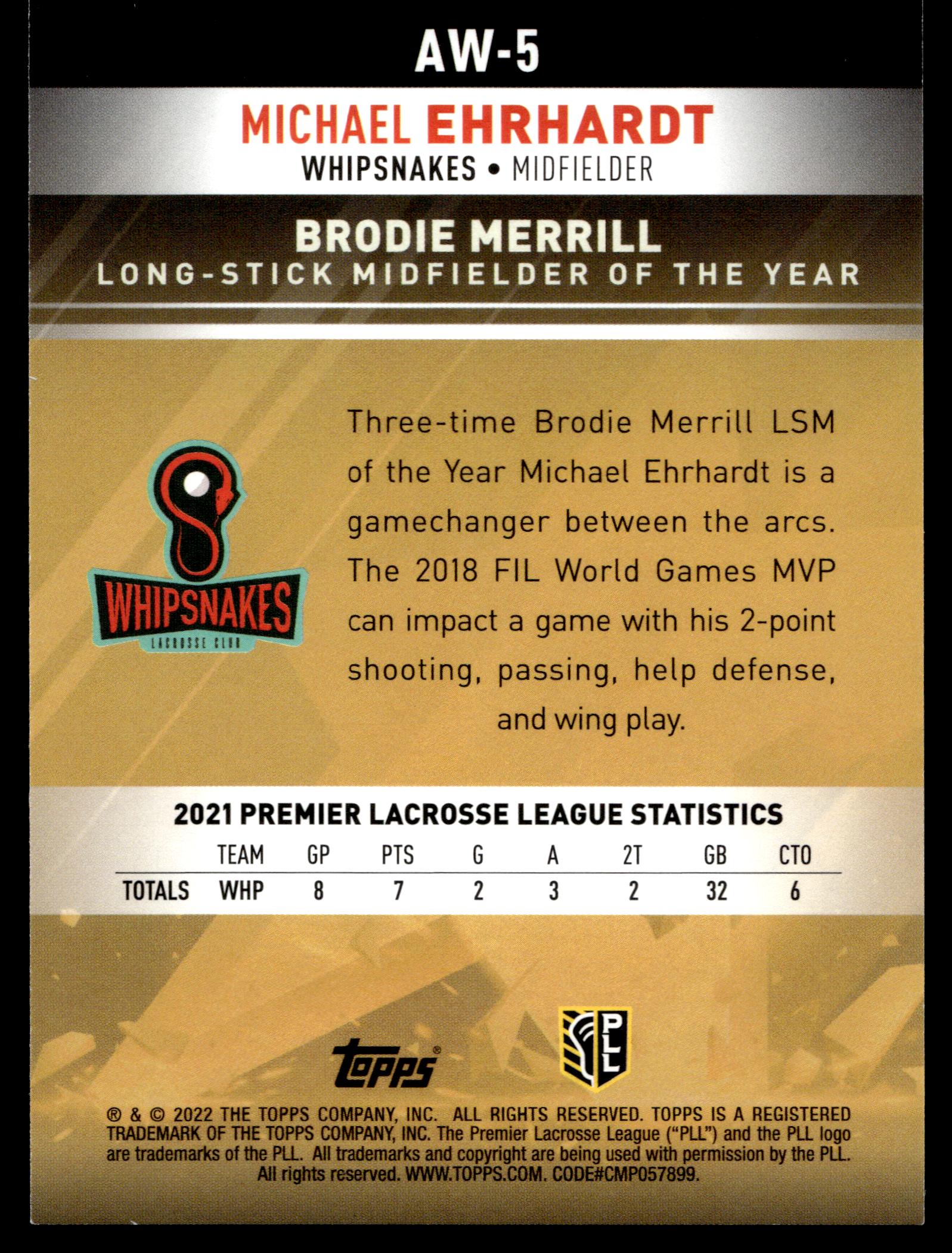 Michael Ehrhardt 2022 Topps PLL Maryland Whipsnakes Award Winners #AW-5