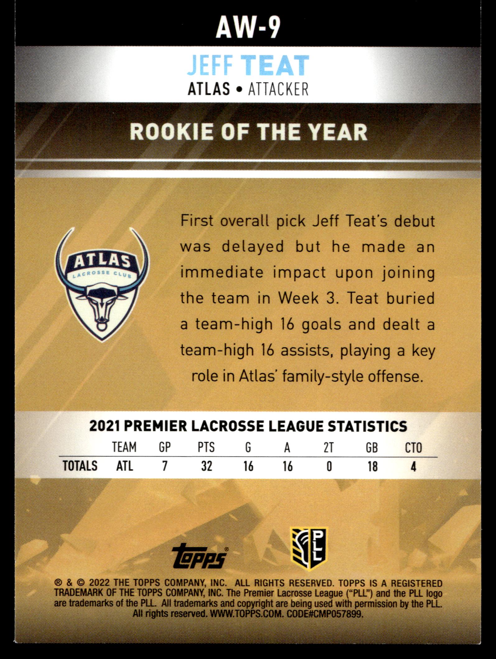 Jeff Teat 2022 Topps PLL New York Atlas Award Winners #AW-9