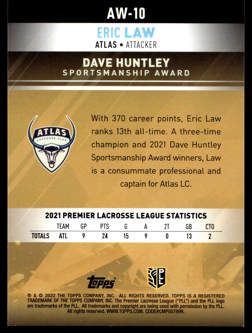 Eric Law 2022 Topps PLL New York Atlas Award Winners #AW-10