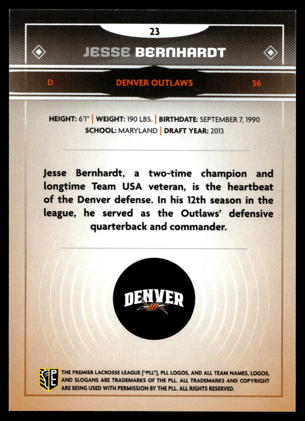 Jesse Bernhardt 2025 PLL Fieldside Denver Outlaws Gold Foil #23