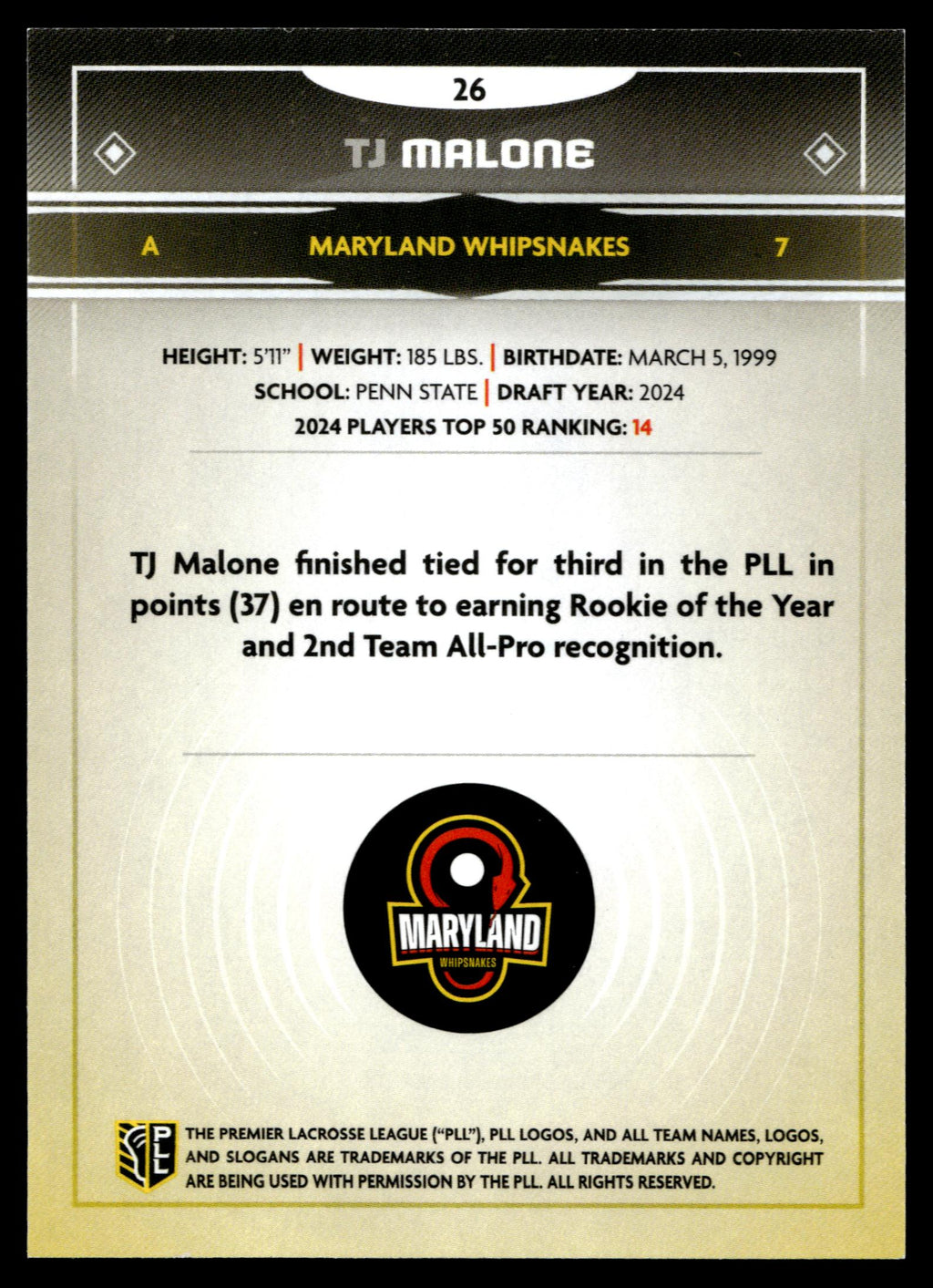 TJ Malone 2025 PLL Fieldside Maryland Whipsnakes Gold Foil #26