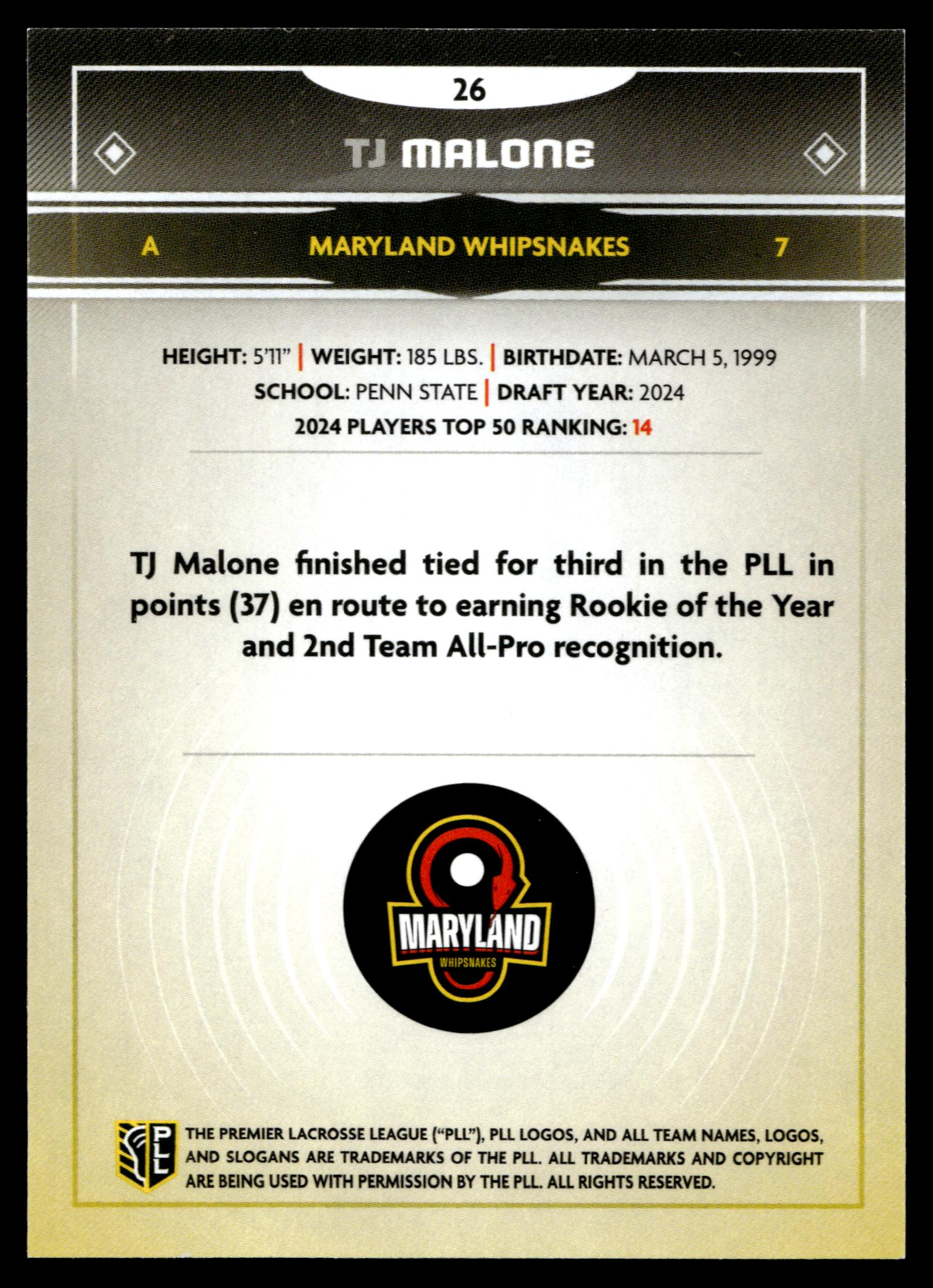 TJ Malone 2025 PLL Fieldside Maryland Whipsnakes Gold Foil #26