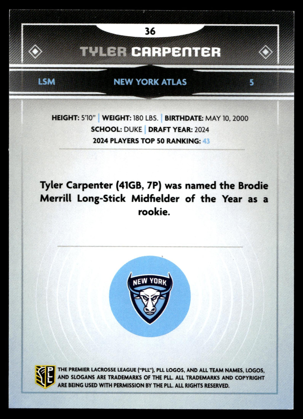 Tyler Carpenter 2025 PLL Fieldside New York Atlas Gold Foil #36