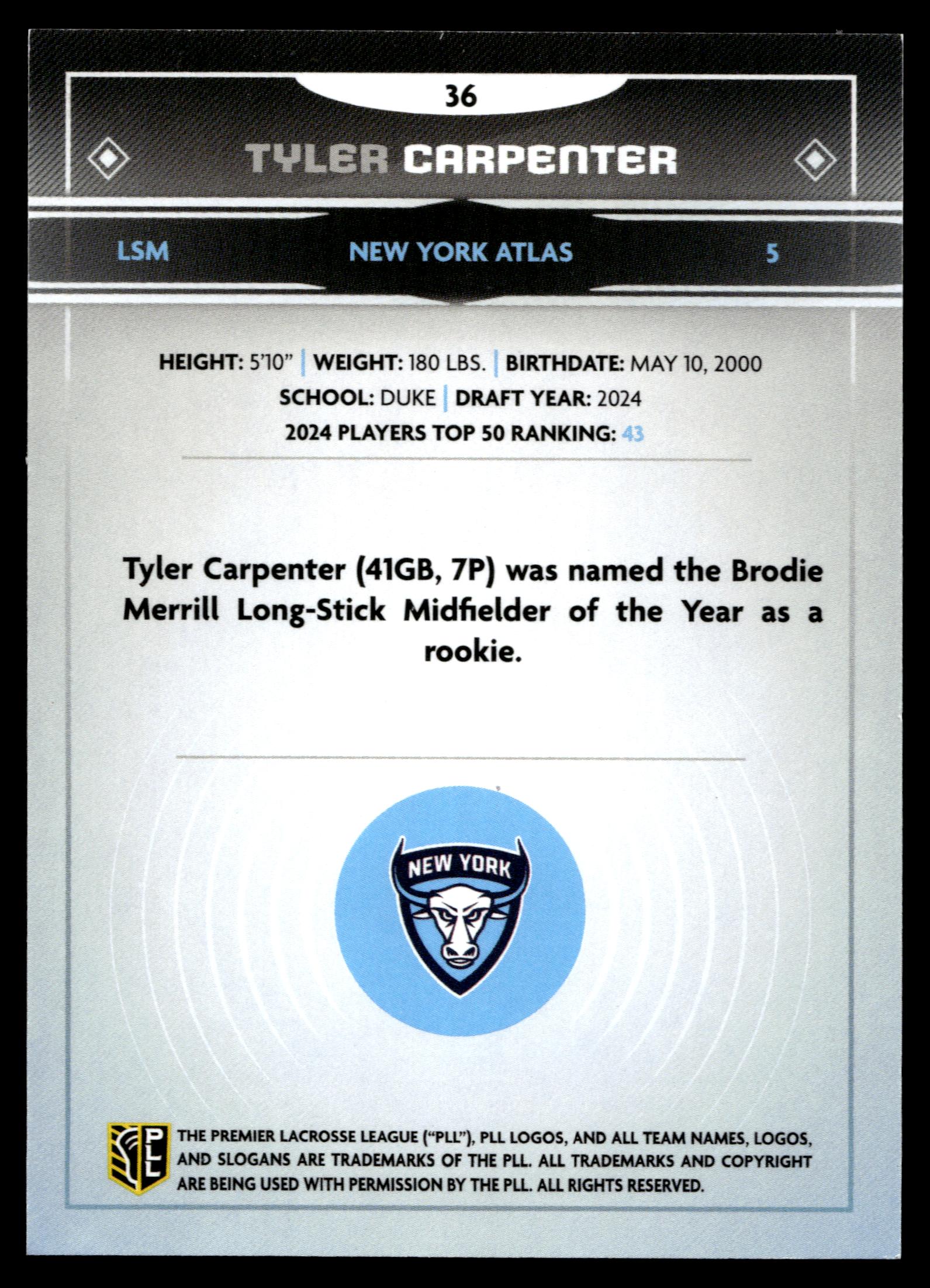 Tyler Carpenter 2025 PLL Fieldside New York Atlas Gold Foil #36