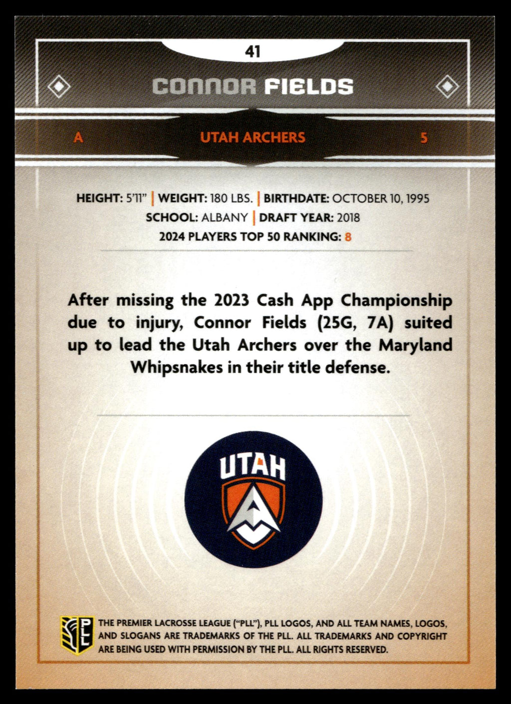 Connor Fields 2025 PLL Fieldside Utah Archers Gold Foil #41