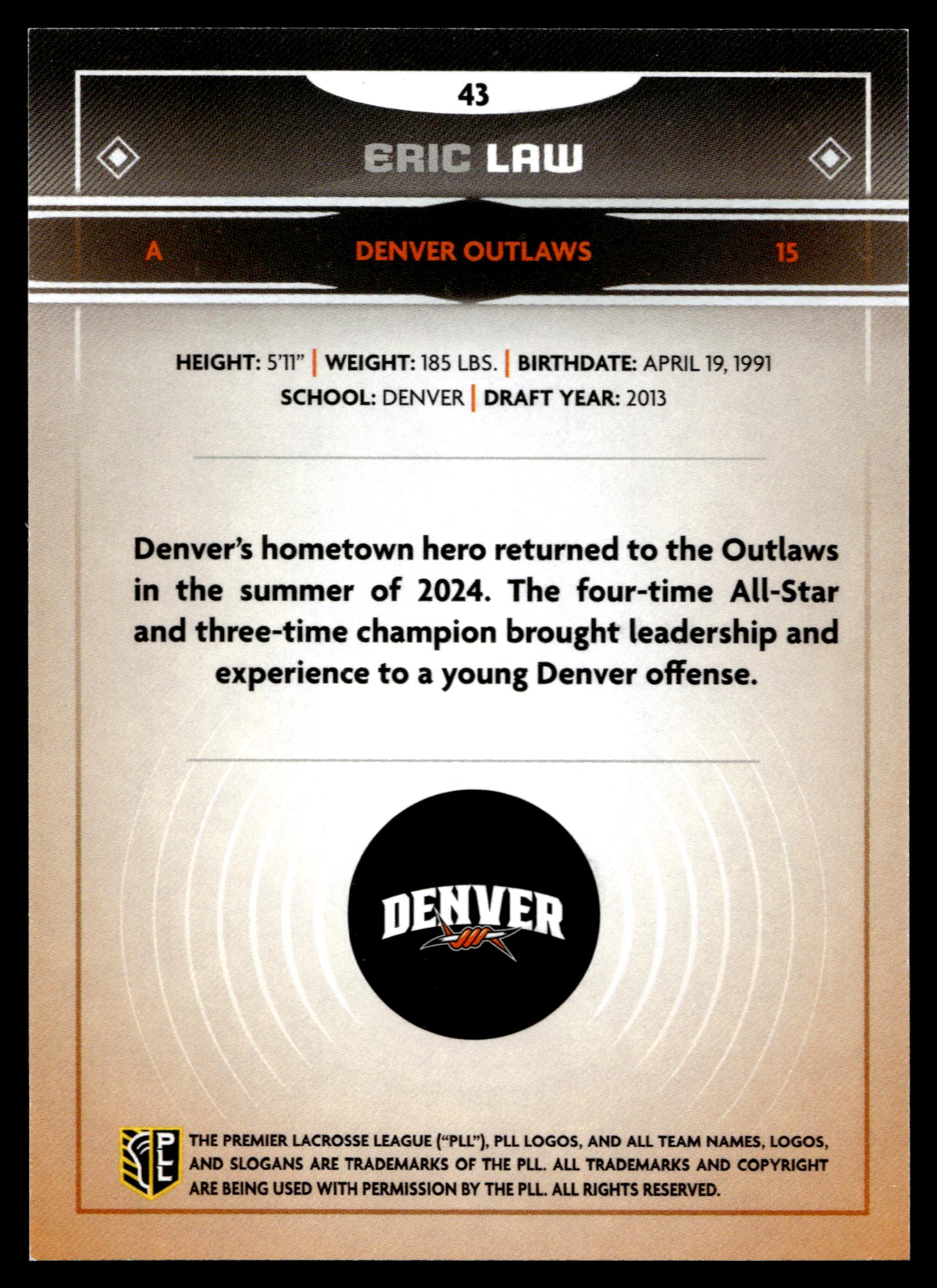 Eric Law 2025 PLL Fieldside Denver Outlaws Gold Foil #43