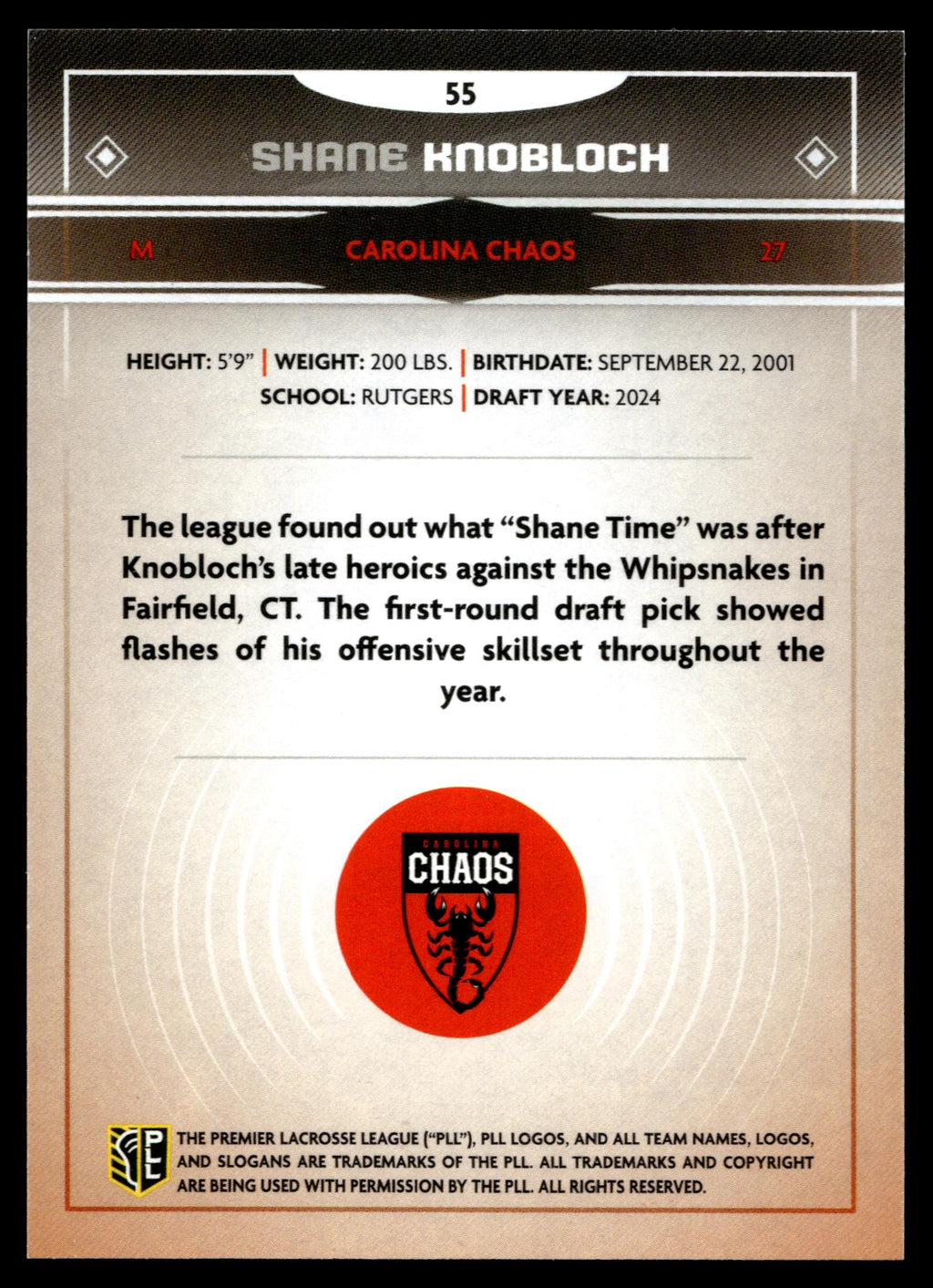 Shane Knobloch 2025 PLL Fieldside Carolina Chaos Gold Foil #55