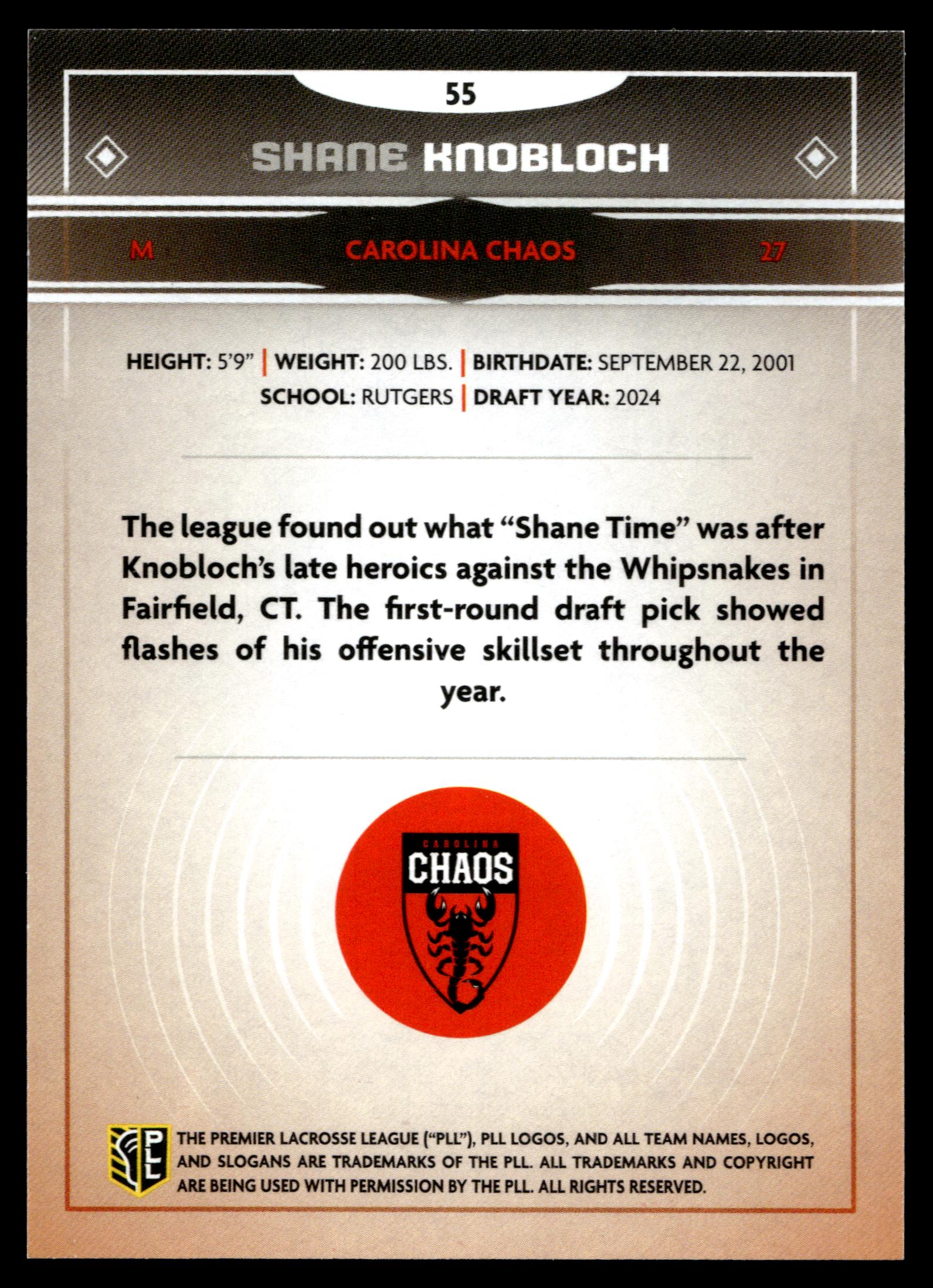 Shane Knobloch 2025 PLL Fieldside Carolina Chaos Gold Foil #55