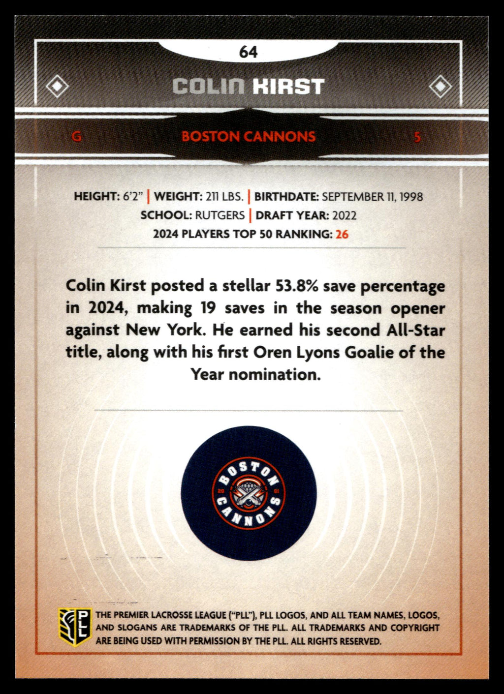Colin Kirst 2025 PLL Fieldside Boston Cannons Gold Foil #64