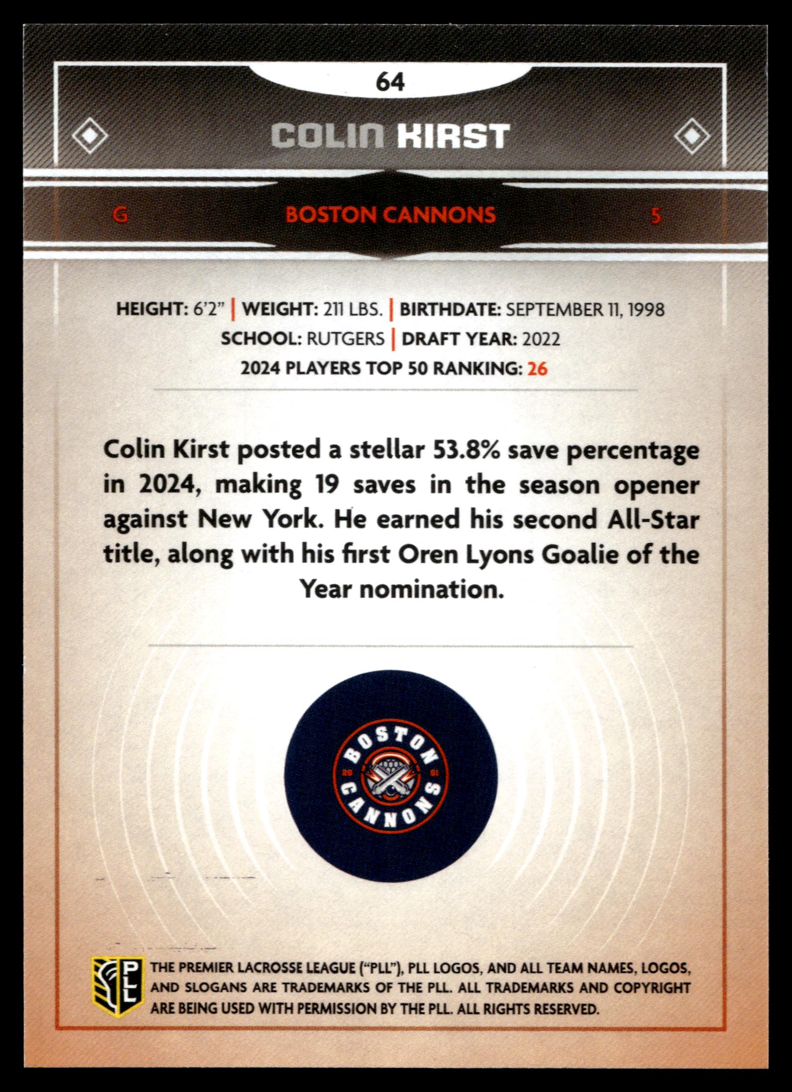 Colin Kirst 2025 PLL Fieldside Boston Cannons Gold Foil #64
