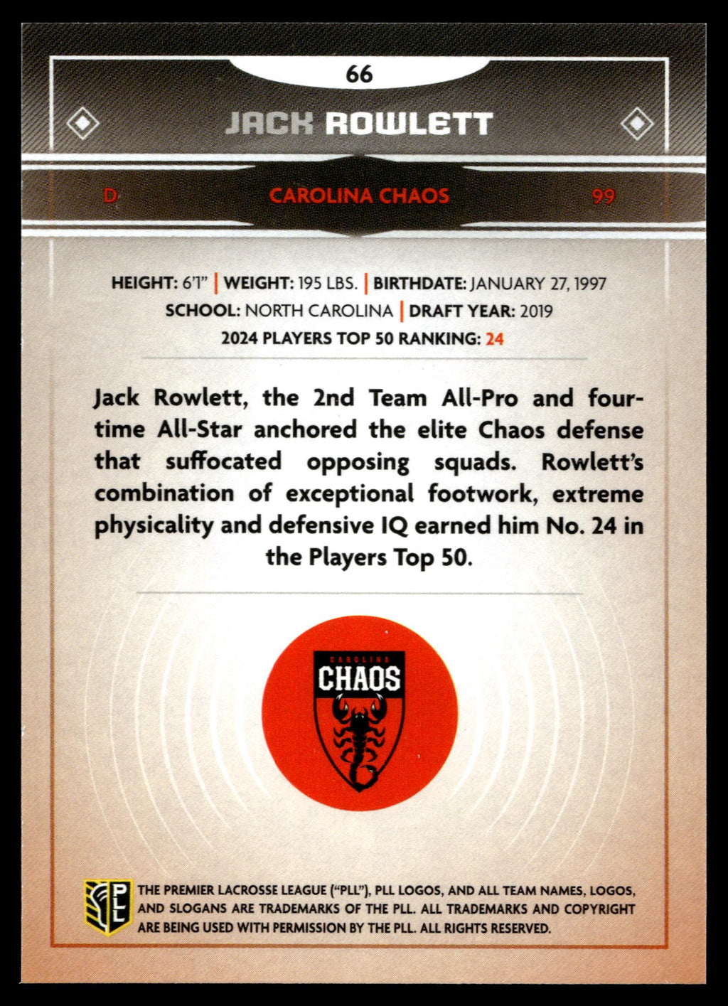 Jack Rowlett 2025 PLL Fieldside Carolina Chaos Gold Foil #66
