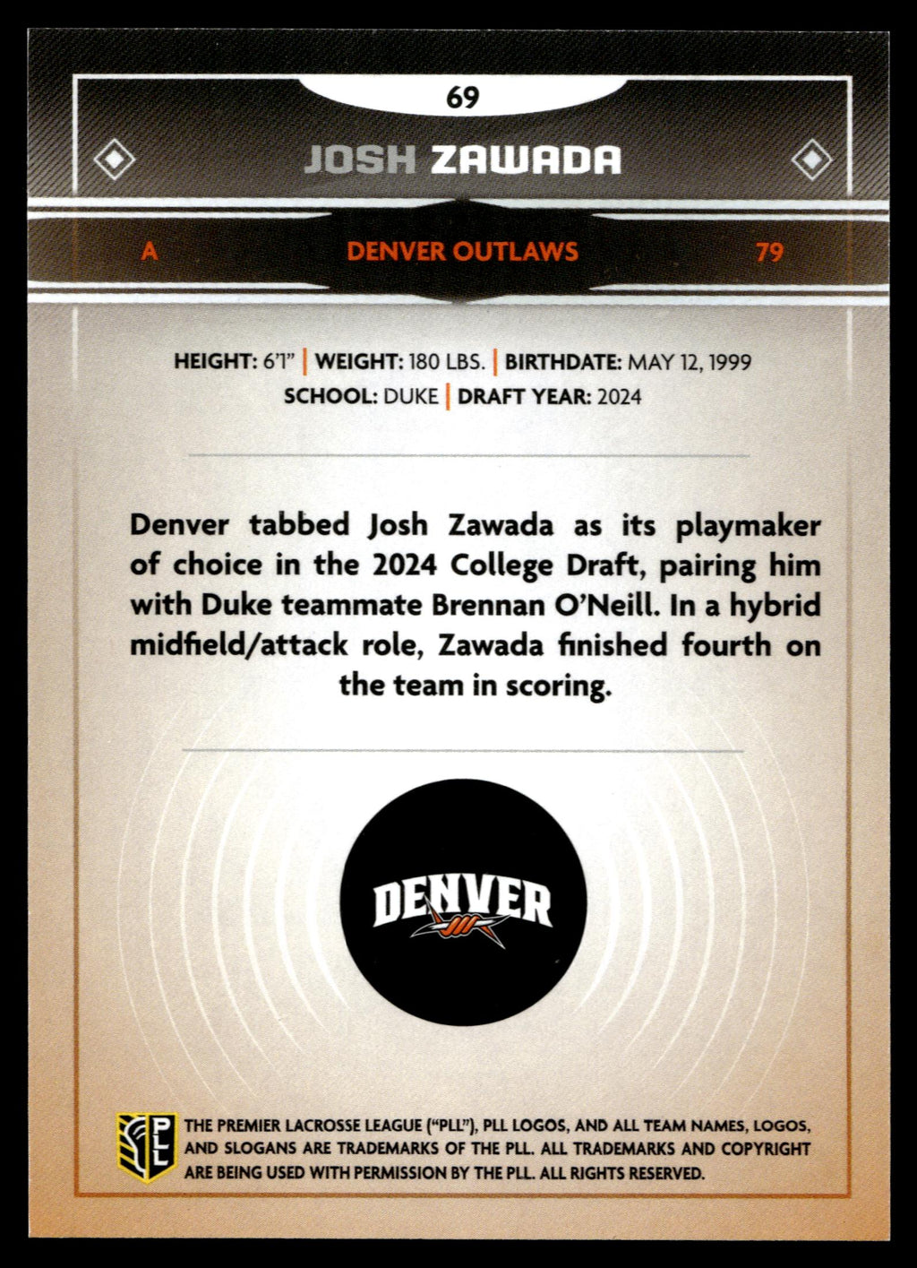 Josh Zawada 2025 PLL Fieldside Denver Outlaws Gold Foil #69