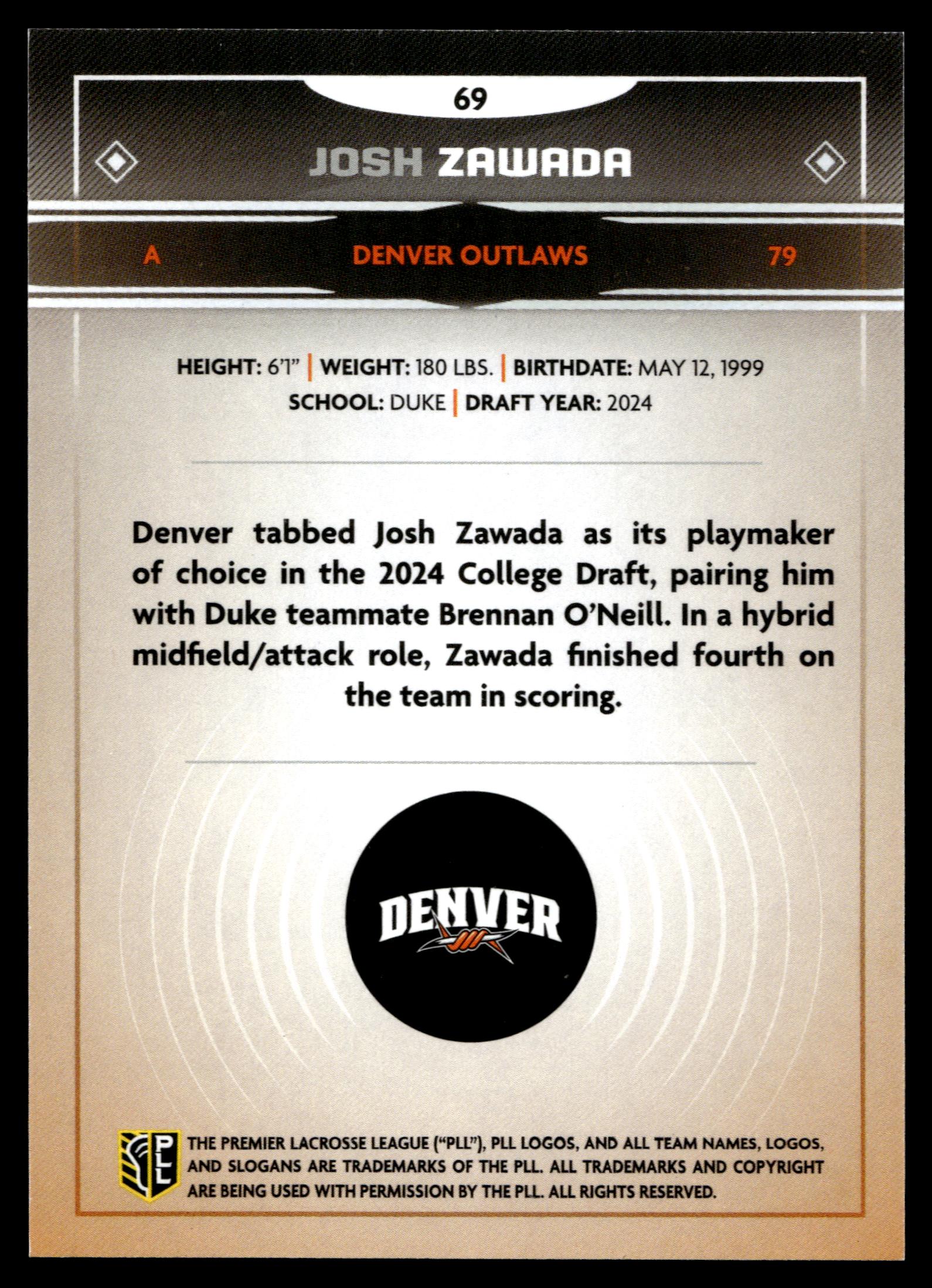 Josh Zawada 2025 PLL Fieldside Denver Outlaws Gold Foil #69