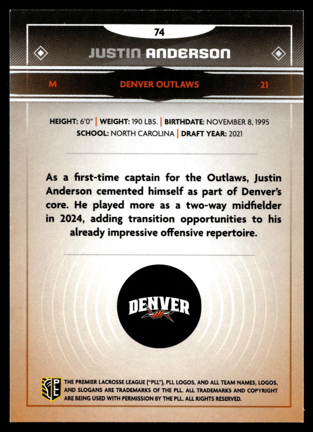 Justin Anderson 2025 PLL Fieldside Denver Outlaws Gold Foil #74