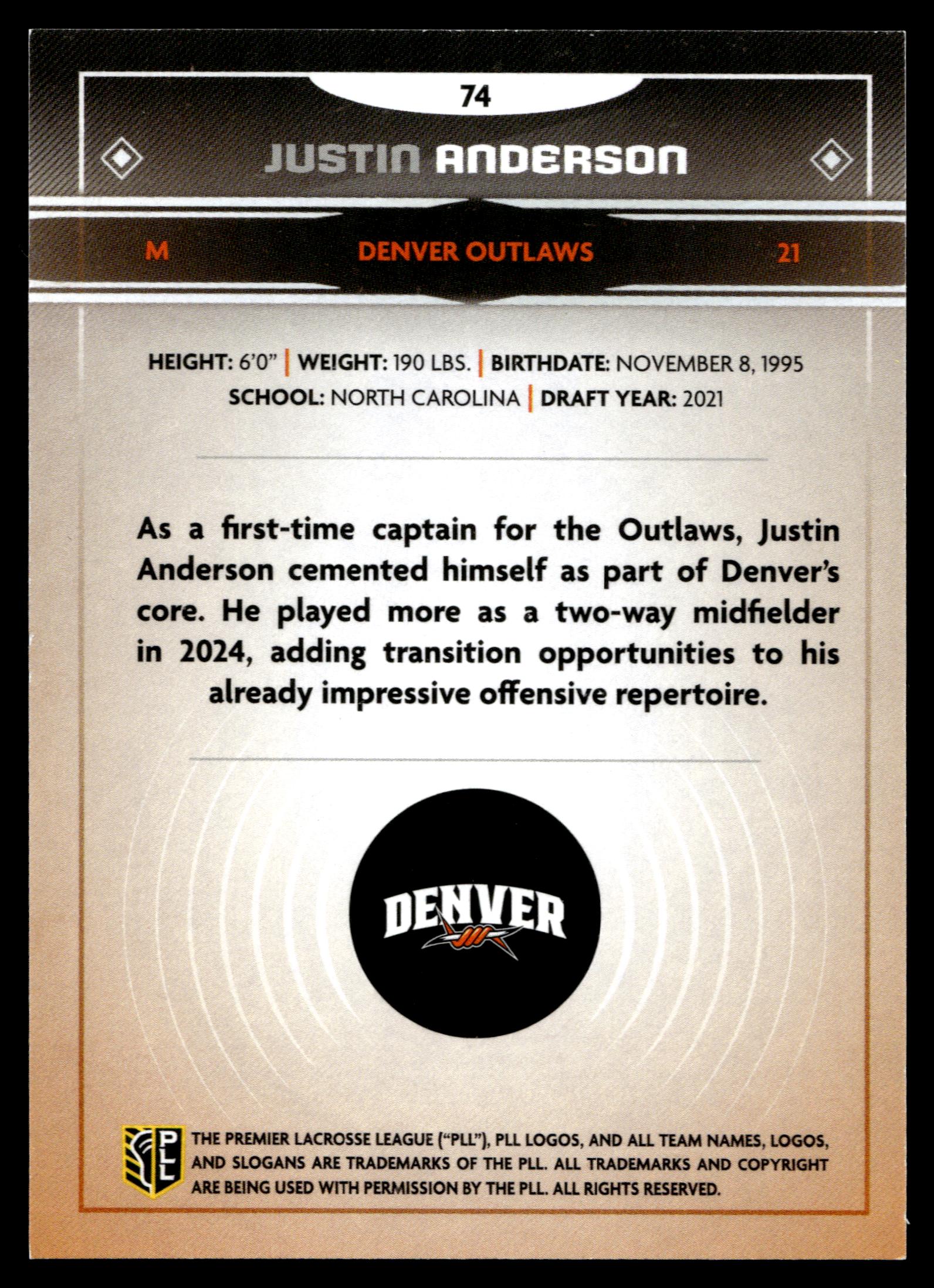Justin Anderson 2025 PLL Fieldside Denver Outlaws Gold Foil #74