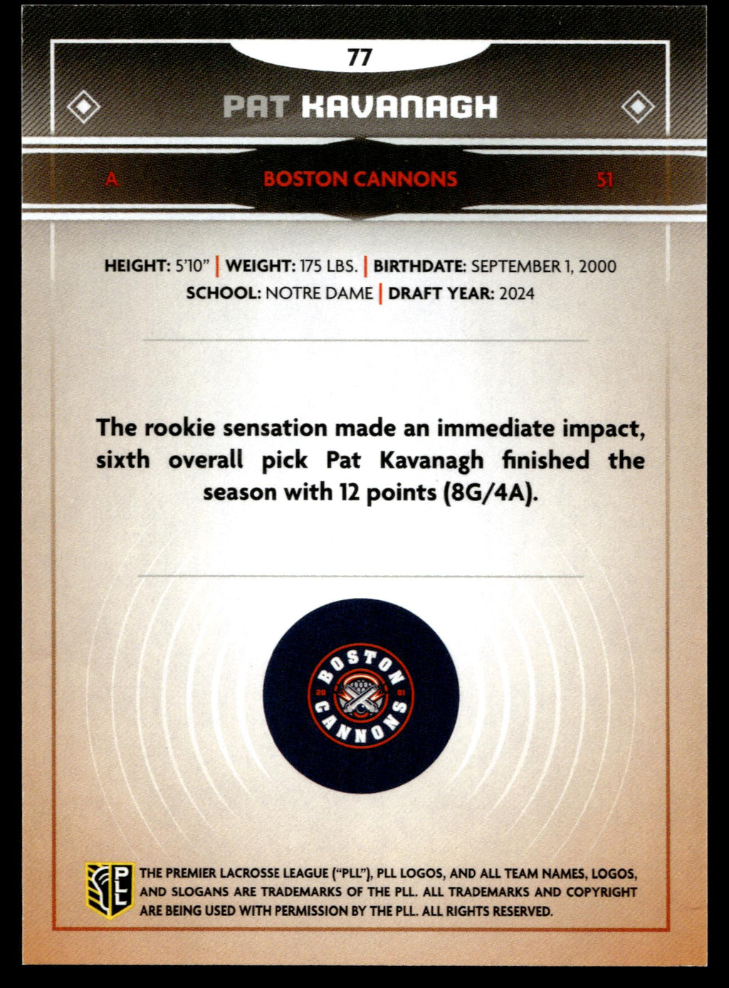 Pat Kavanagh 2025 PLL Fieldside Boston Cannons Gold Foil #77