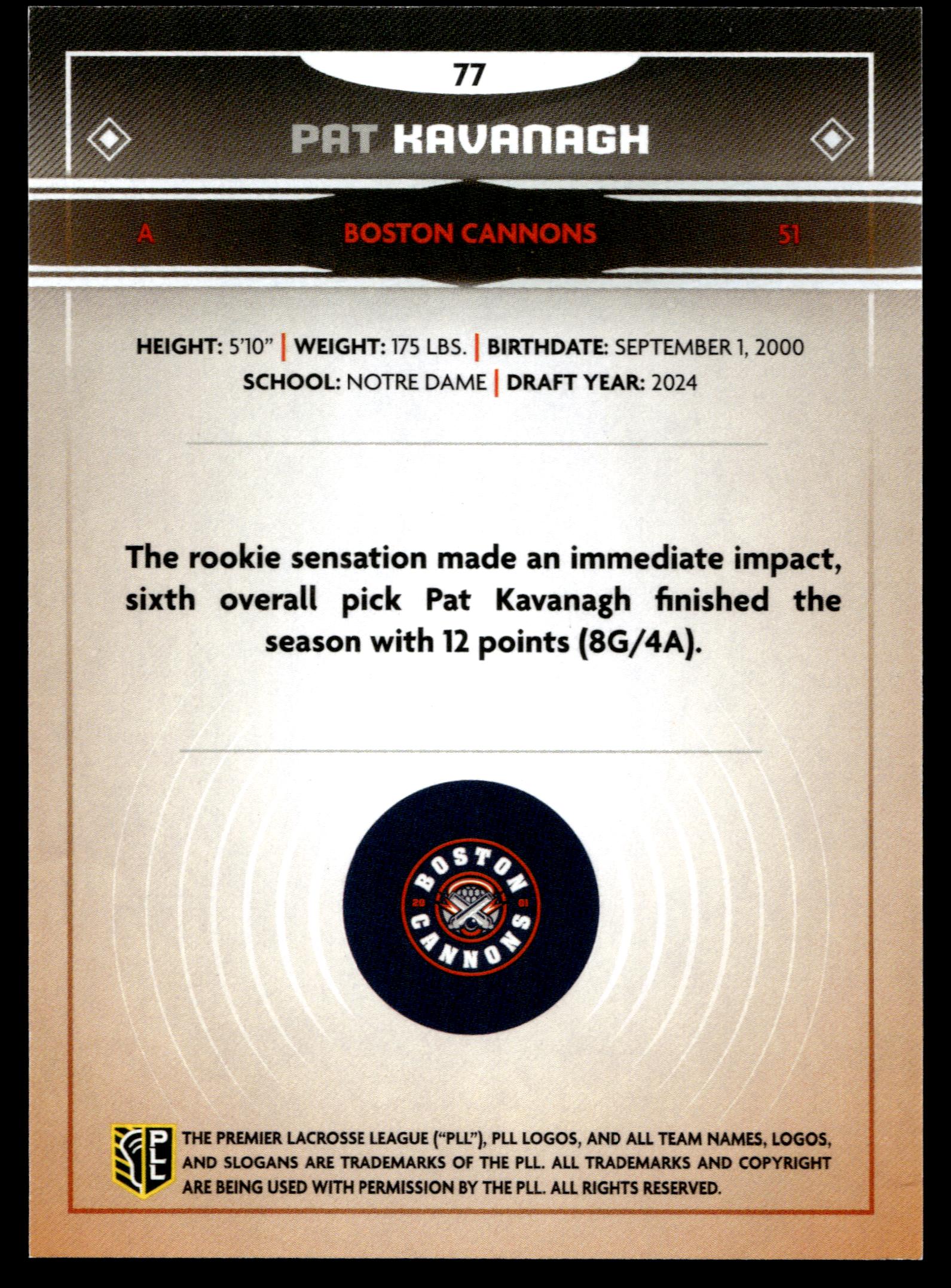 Pat Kavanagh 2025 PLL Fieldside Boston Cannons Gold Foil #77