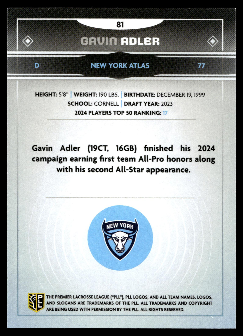 Gavin Adler 2025 PLL Fieldside New York Atlas Gold Foil #81