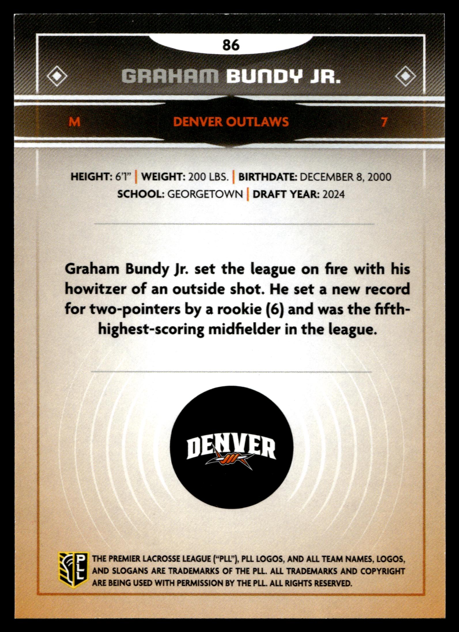 Graham Bundy Jr. 2025 PLL Fieldside Denver Outlaws Gold Foil #86
