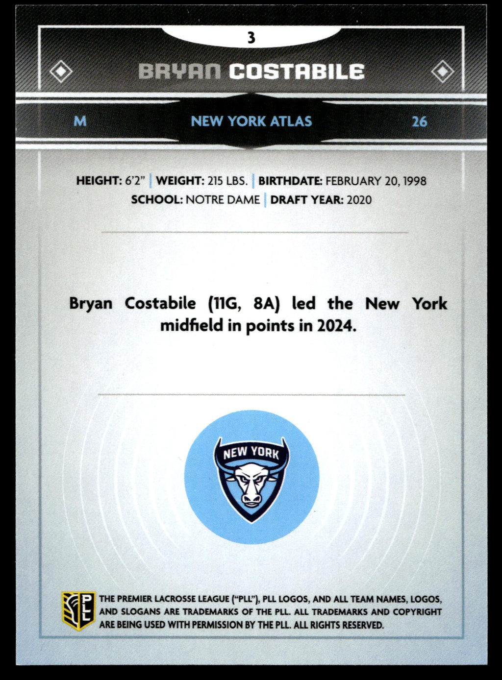 Bryan Costabile 2025 PLL Fieldside New York Atlas Green Foil 92/99 #3