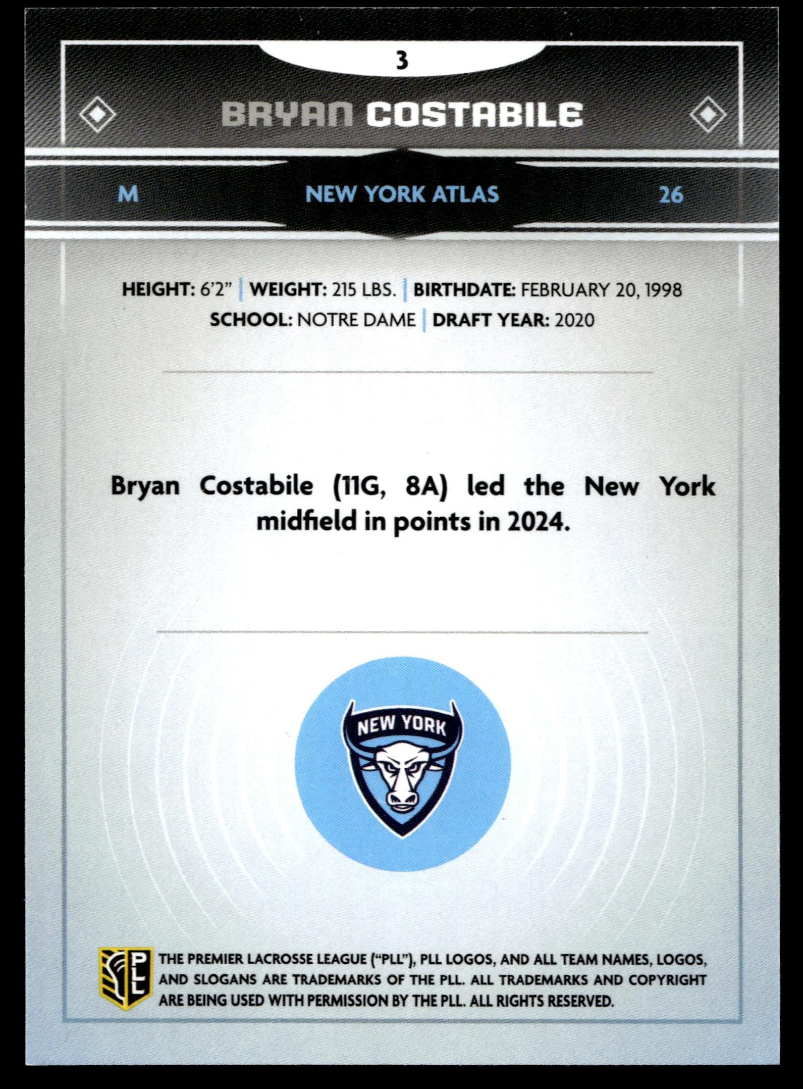 Bryan Costabile 2025 PLL Fieldside New York Atlas Green Foil 92/99 #3