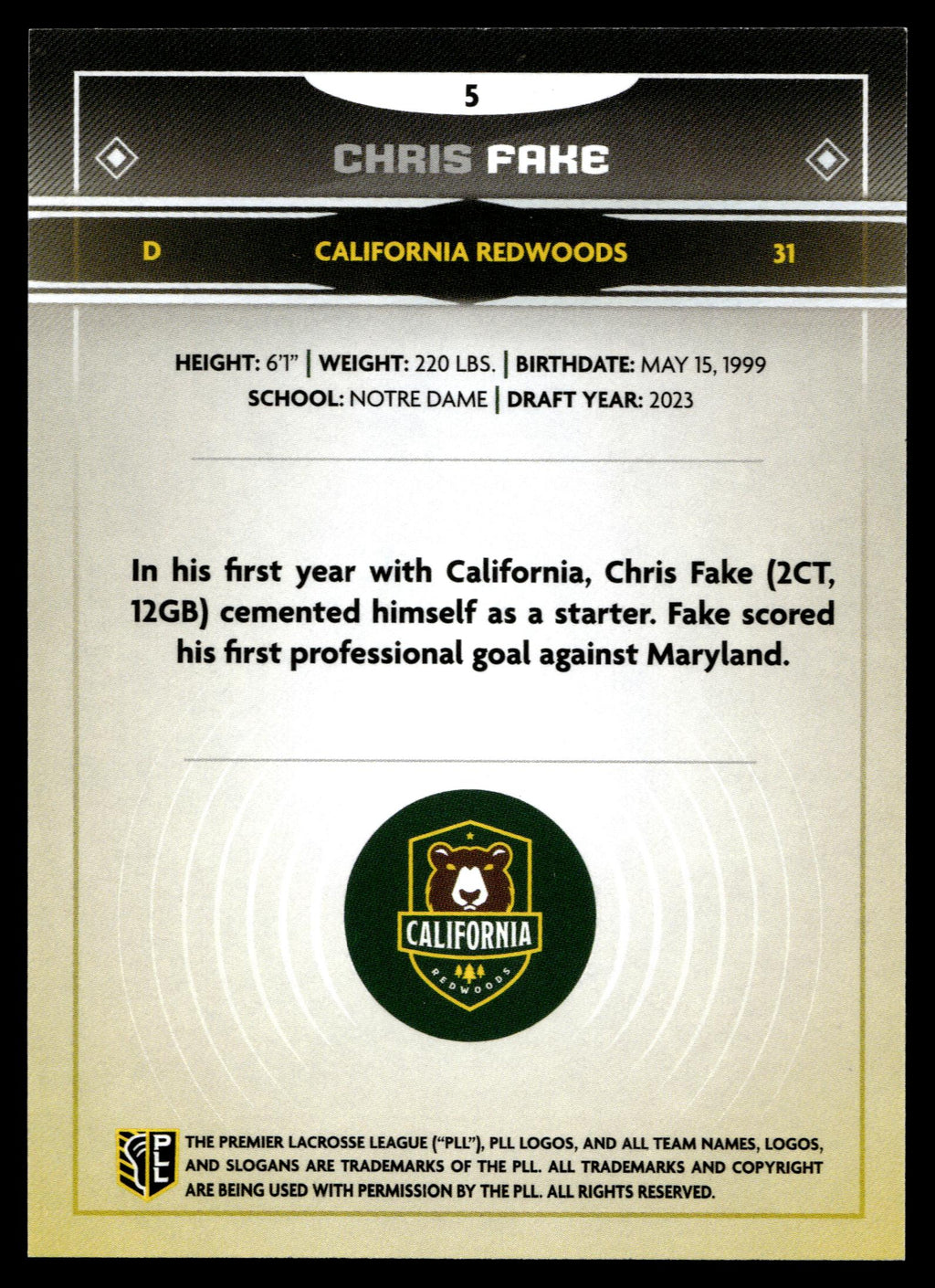 Chris Fake 2025 PLL Fieldside California Redwoods Green Foil 43/99 #5