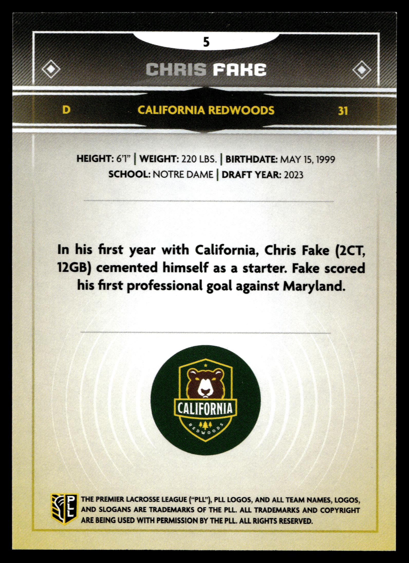 Chris Fake 2025 PLL Fieldside California Redwoods Green Foil 43/99 #5