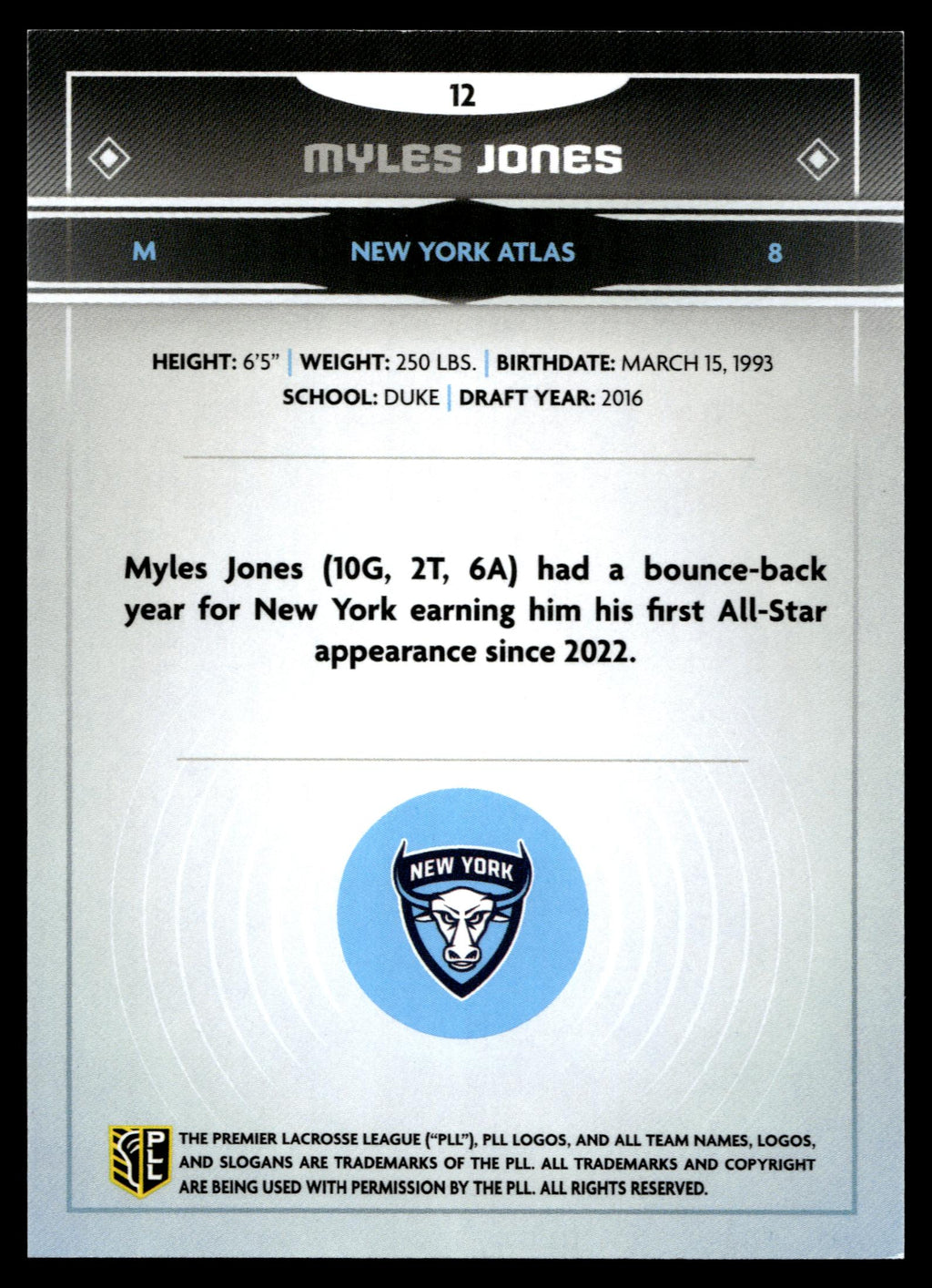 Myles Jones 2025 PLL Fieldside New York Atlas Green Foil 70/99 #12
