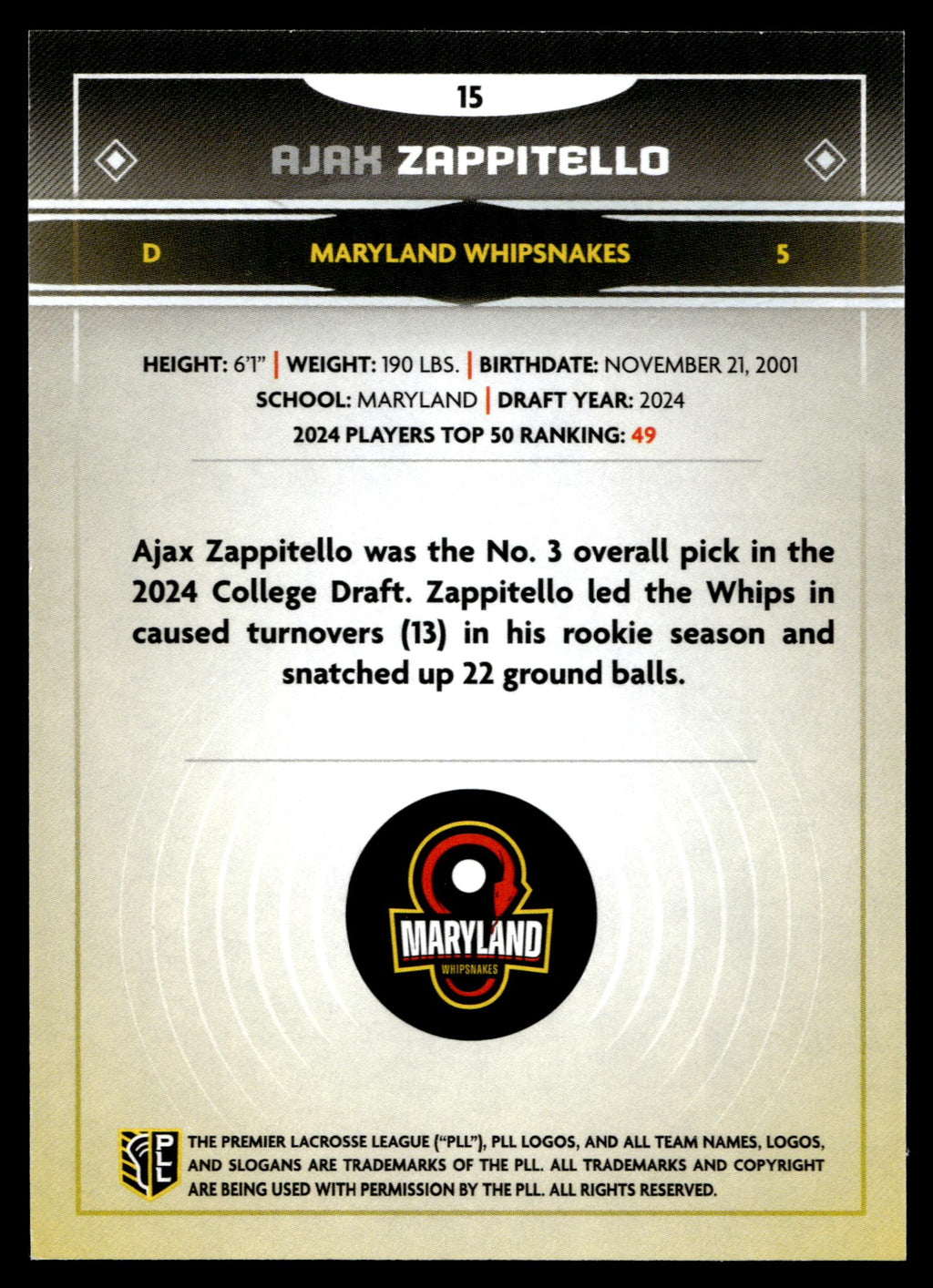 Ajax Zappitello 2025 PLL Fieldside Maryland Whipsnakes Green Foil 69/99 #15