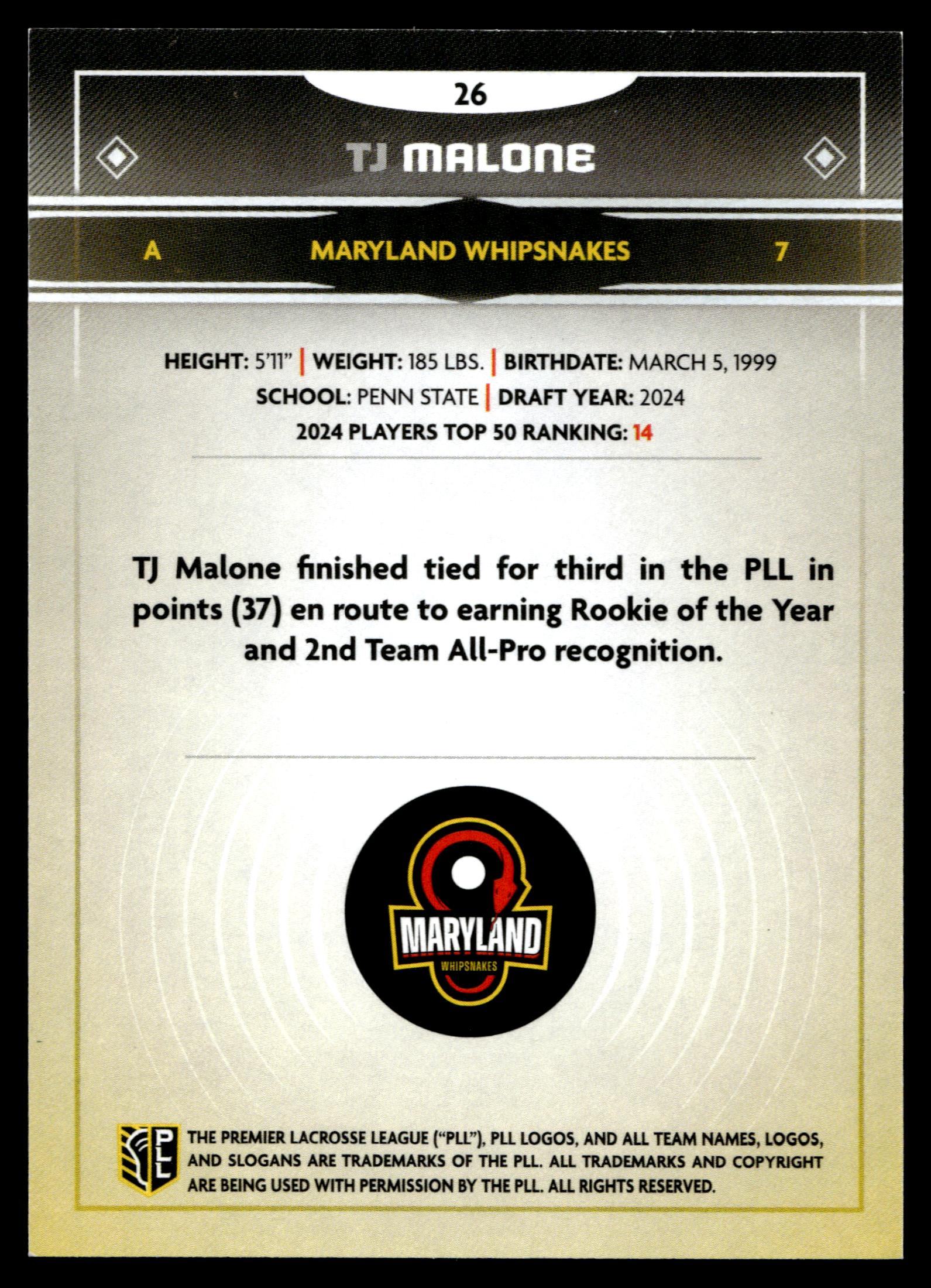 TJ Malone 2025 PLL Fieldside Maryland Whipsnakes Green Foil 26/99 #26