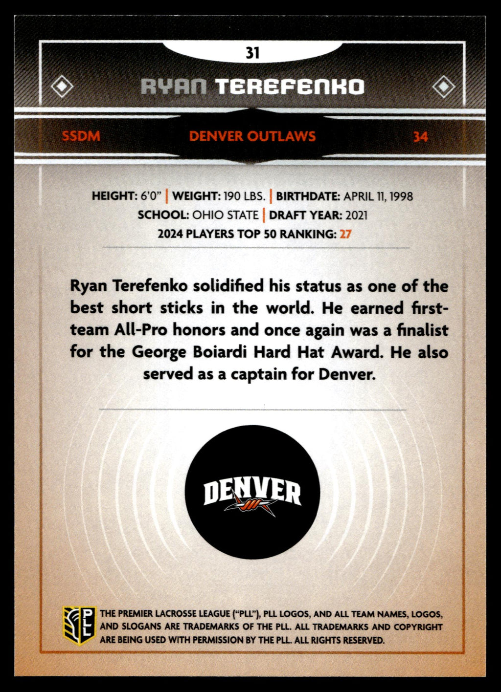 Ryan Terefenko 2025 PLL Fieldside Denver Outlaws Green Foil 93/99 #31