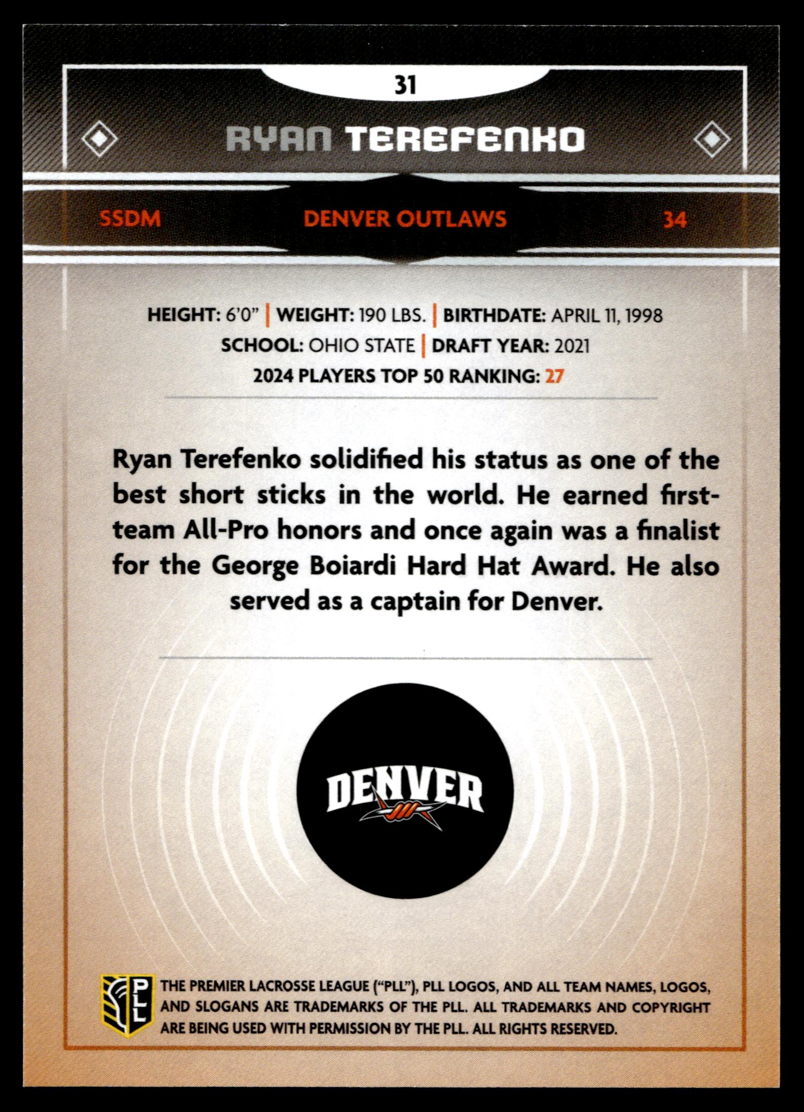 Ryan Terefenko 2025 PLL Fieldside Denver Outlaws Green Foil 93/99 #31
