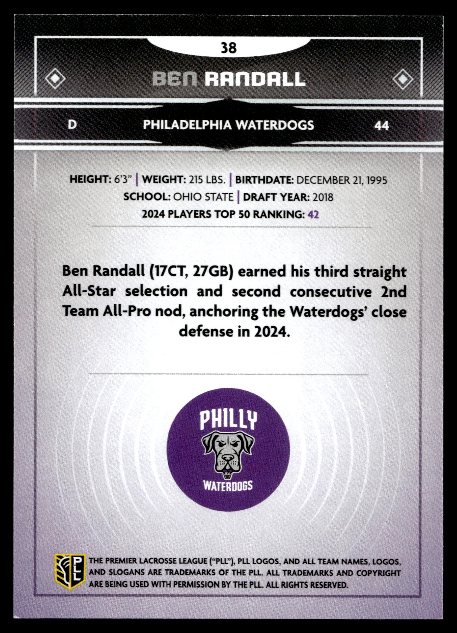 Ben Randall 2025 PLL Fieldside Philadelphia Waterdogs Green Foil 59/99 #38