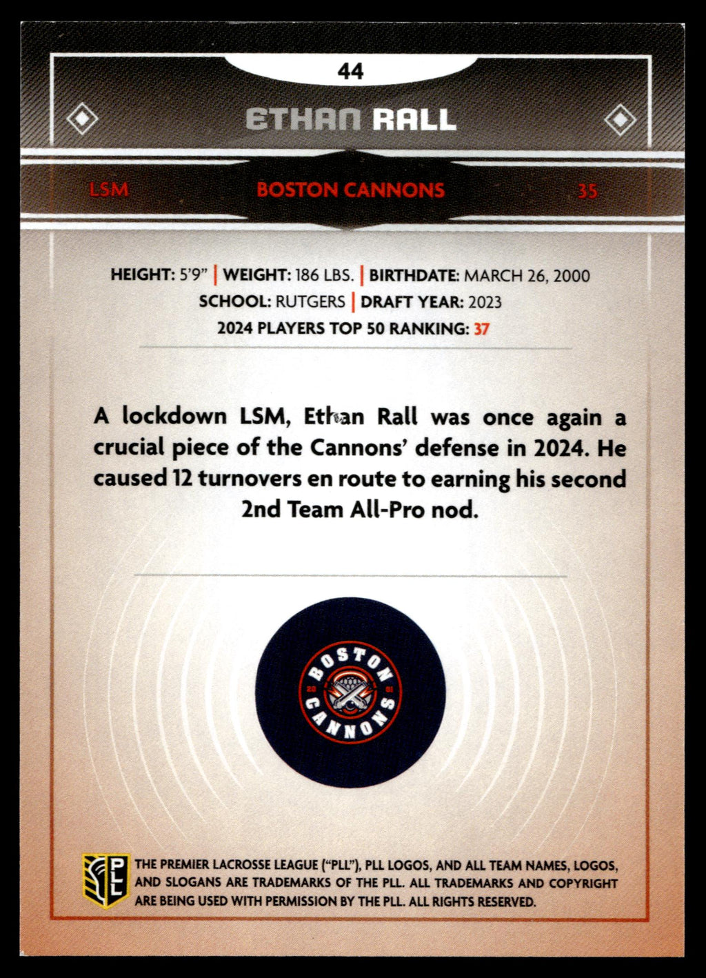 Ethan Rall 2025 PLL Fieldside Boston Cannons Green Foil 36/99 #44