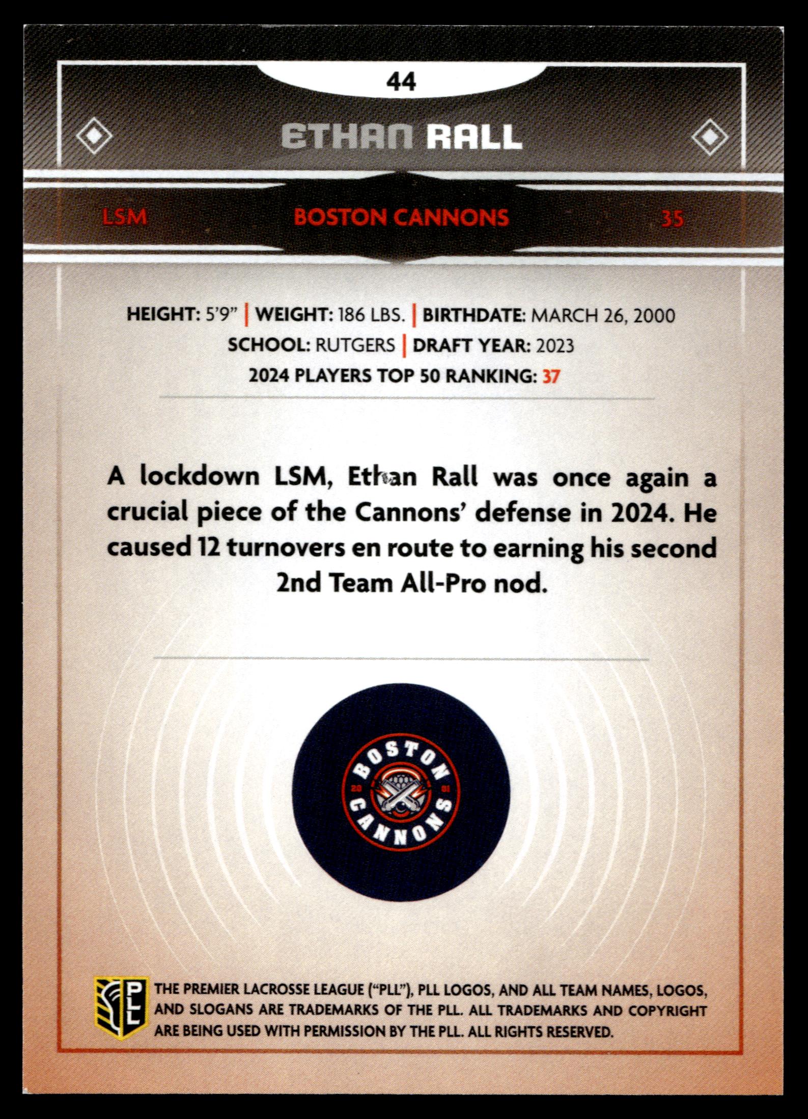 Ethan Rall 2025 PLL Fieldside Boston Cannons Green Foil 36/99 #44