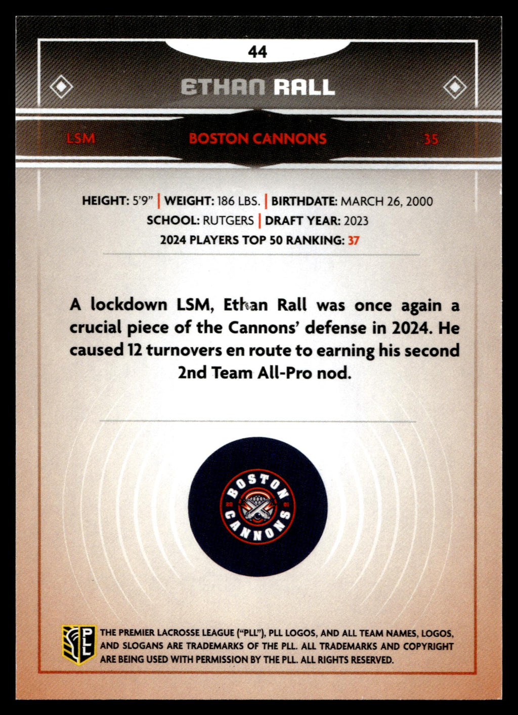 Ethan Rall 2025 PLL Fieldside Boston Cannons Green Foil 75/99 #44
