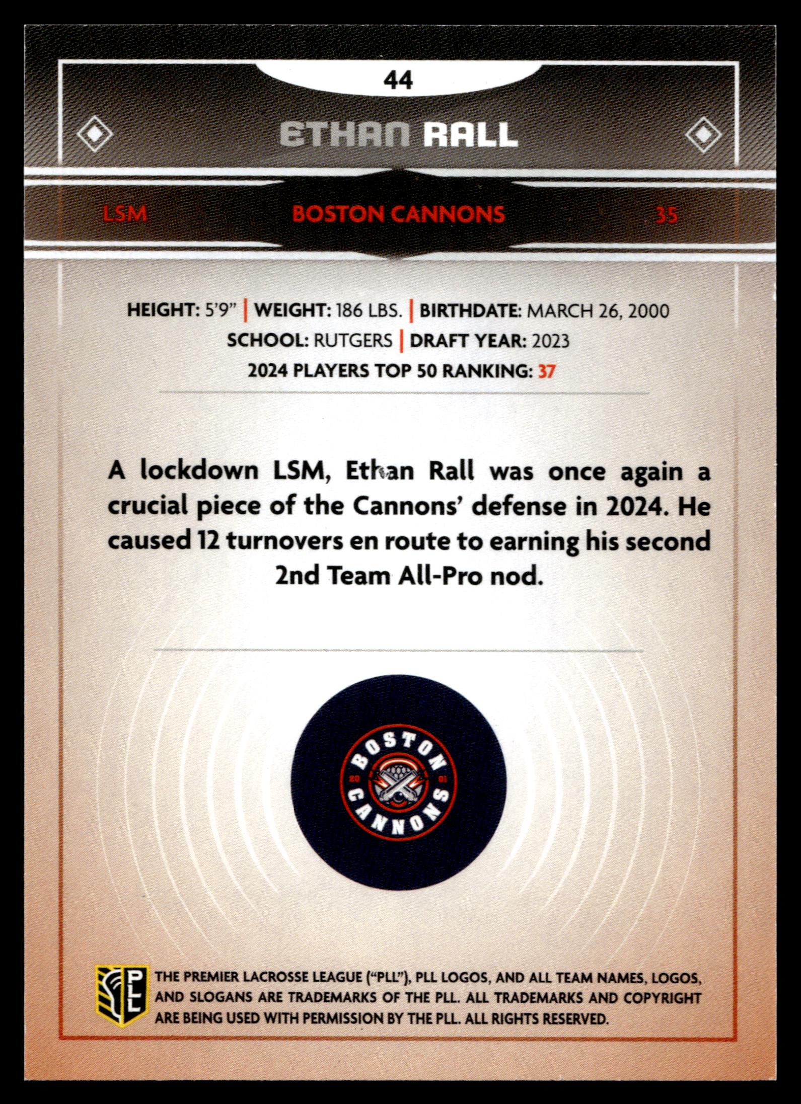 Ethan Rall 2025 PLL Fieldside Boston Cannons Green Foil 75/99 #44