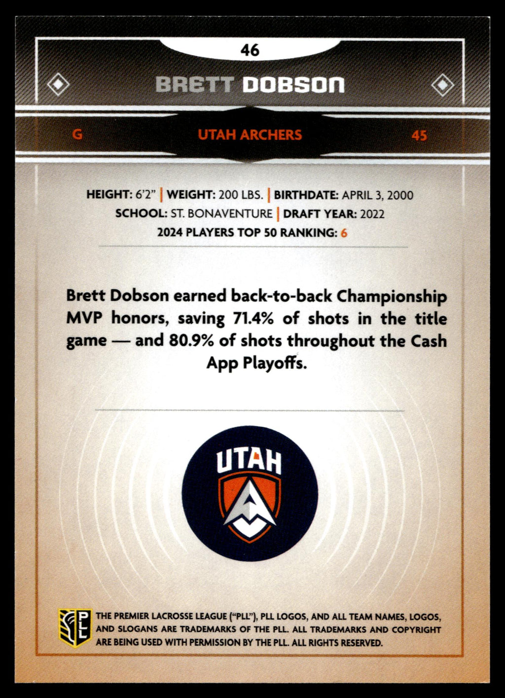 Brett Dobson 2025 PLL Fieldside Utah Archers Green Foil 33/99 #46