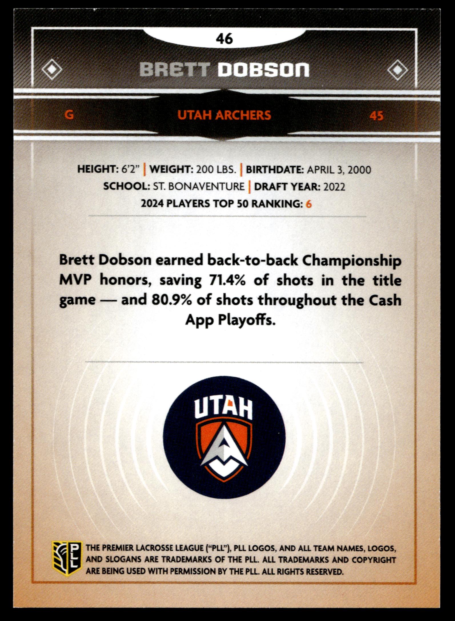Brett Dobson 2025 PLL Fieldside Utah Archers Green Foil 39/99 #46