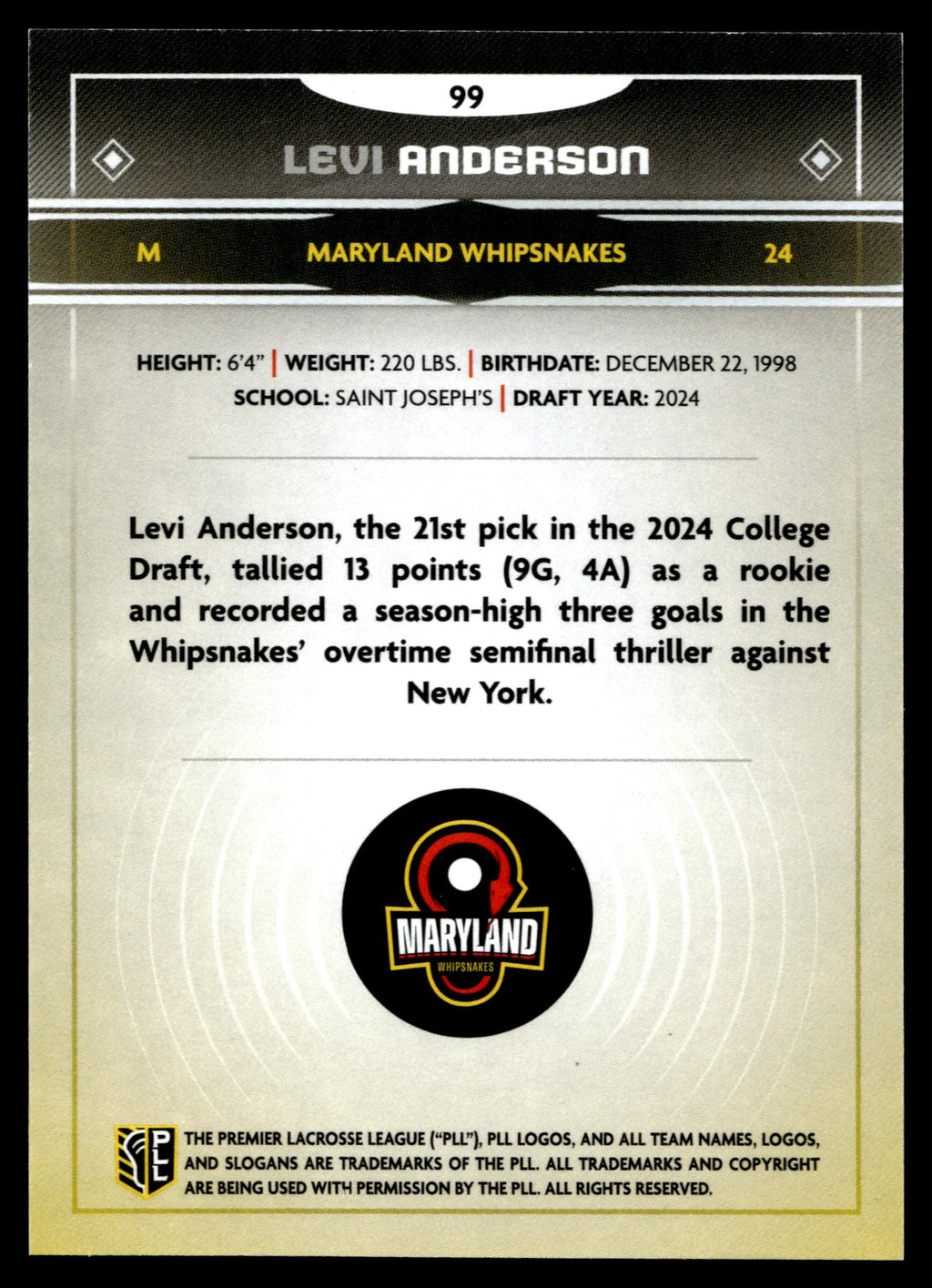 Levi Anderson 2025 PLL Fieldside Maryland Whipsnakes Green Foil 92/99 #99