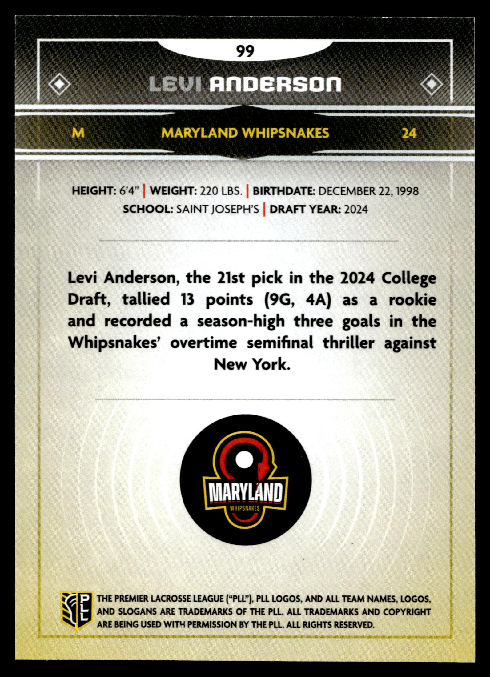 Levi Anderson 2025 PLL Fieldside Maryland Whipsnakes Green Foil 92/99 #99