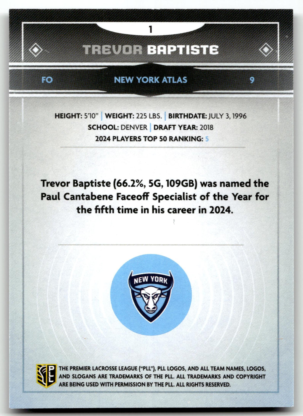 Trevor Baptiste 2025 PLL Fieldside New York Atlas Cream Of The Cropped #1