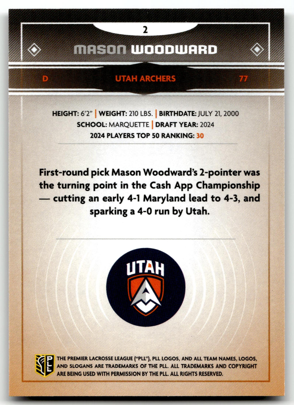 Mason Woodward 2025 PLL Fieldside Utah Archers Cream Of The Cropped #2