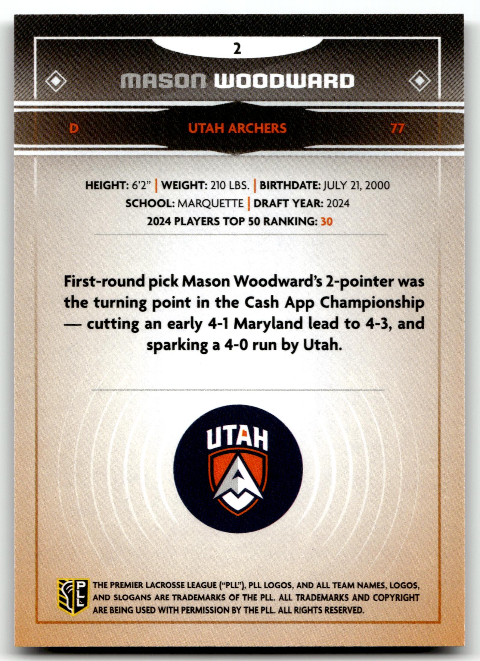 Mason Woodward 2025 PLL Fieldside Utah Archers Cream Of The Cropped #2