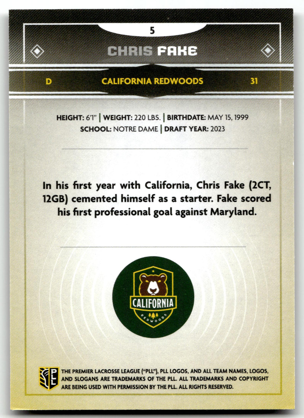 Chris Fake 2025 PLL Fieldside California Redwoods Cream Of The Cropped #5