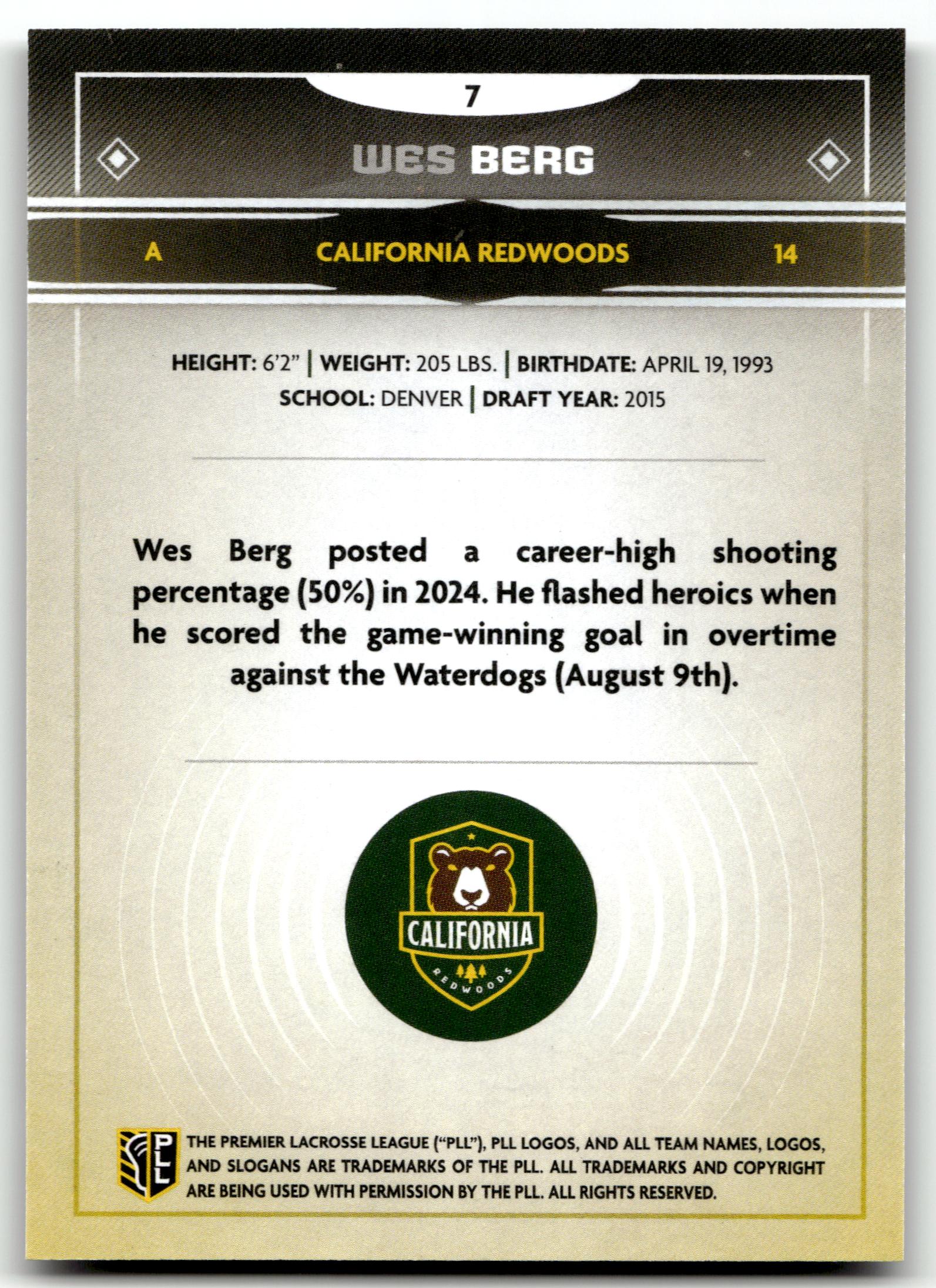 Wes Berg 2025 PLL Fieldside California Redwoods Cream Of The Cropped #14