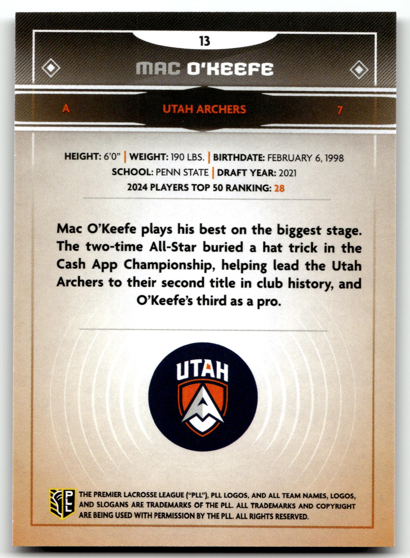 Mac O'Keefe 2025 PLL Fieldside Utah Archers Cream Of The Cropped #13