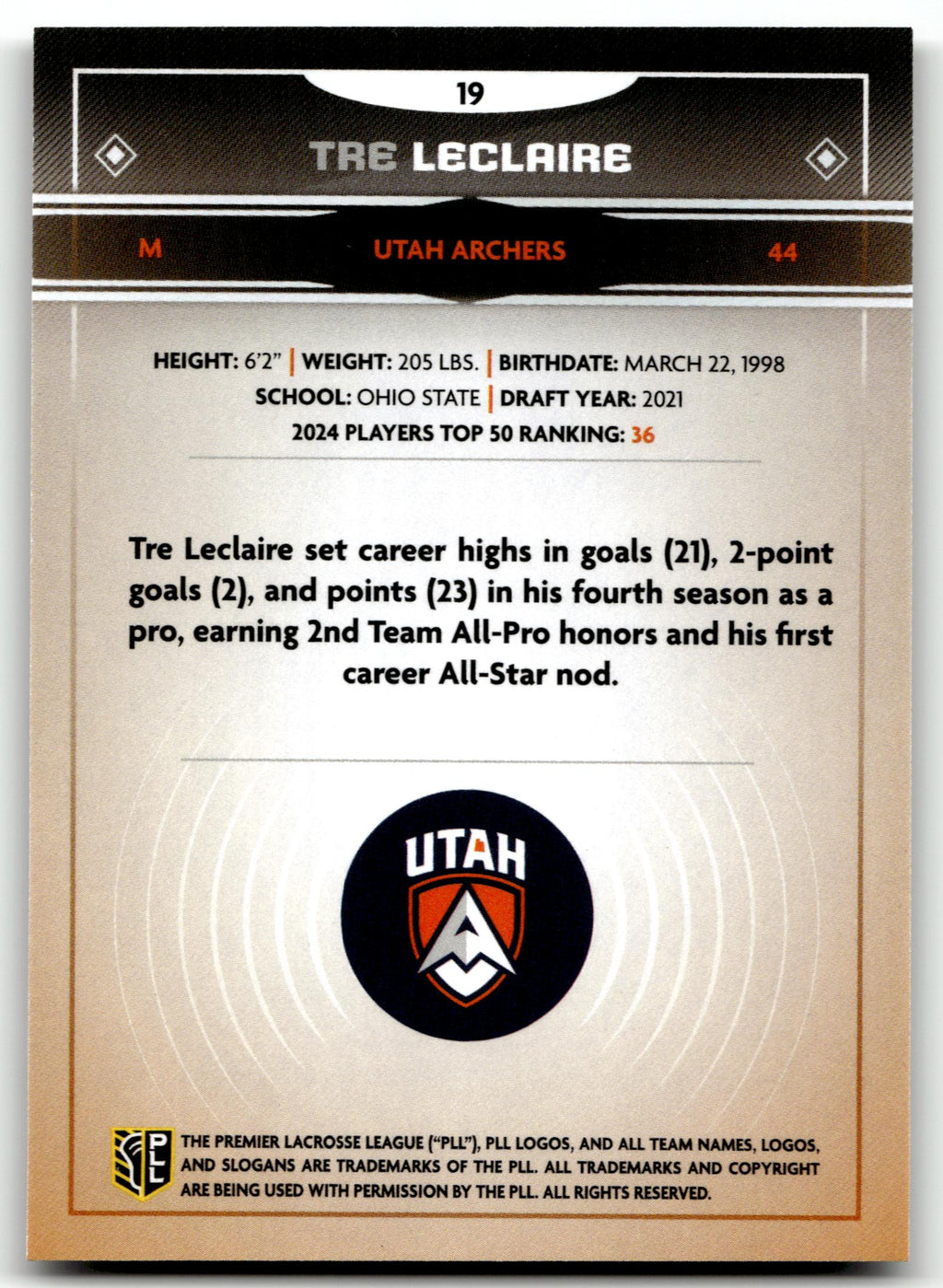 Tre Leclaire 2025 PLL Fieldside Utah Archers Cream Of The Cropped #19