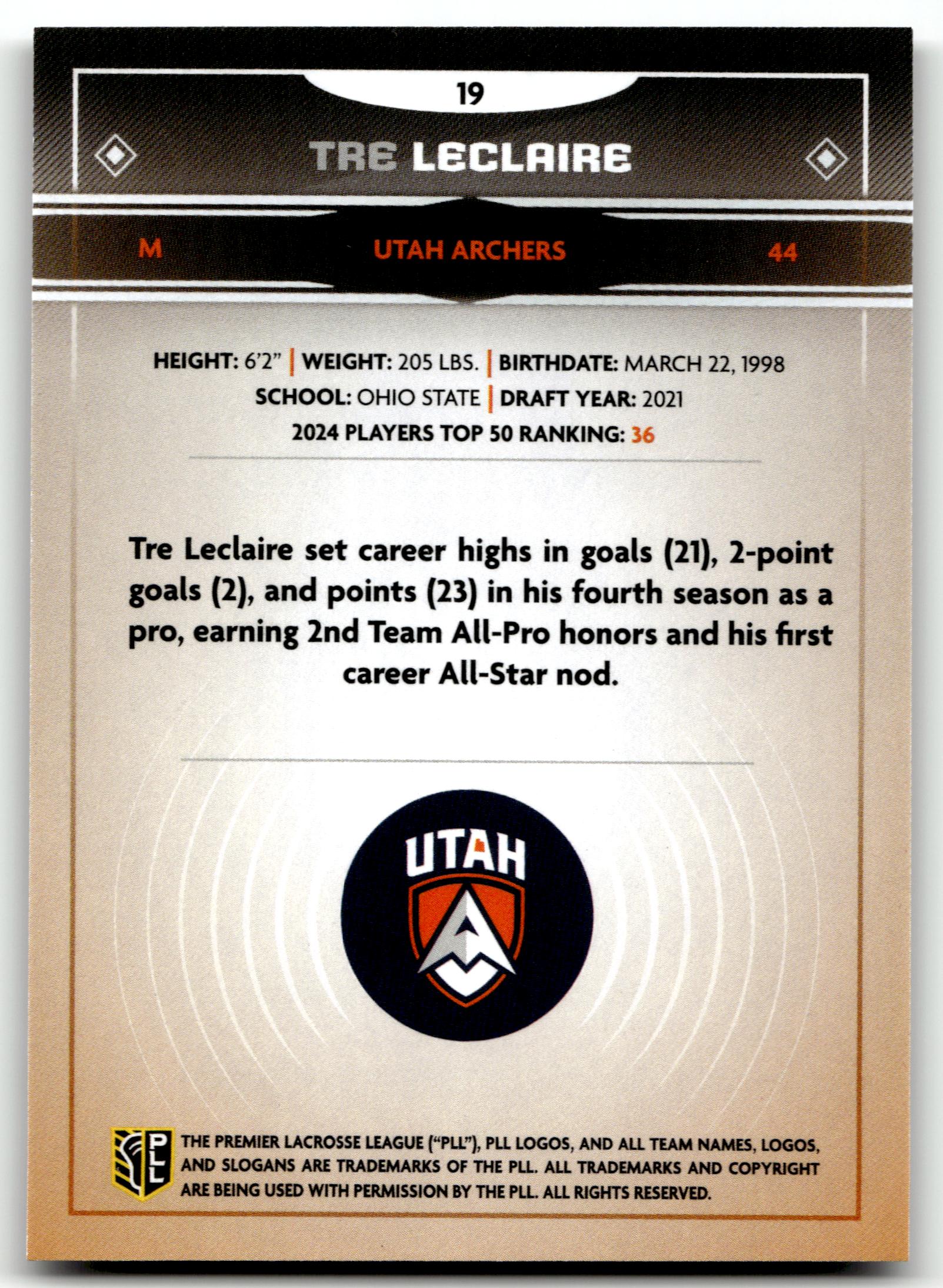 Tre Leclaire 2025 PLL Fieldside Utah Archers Cream Of The Cropped #19