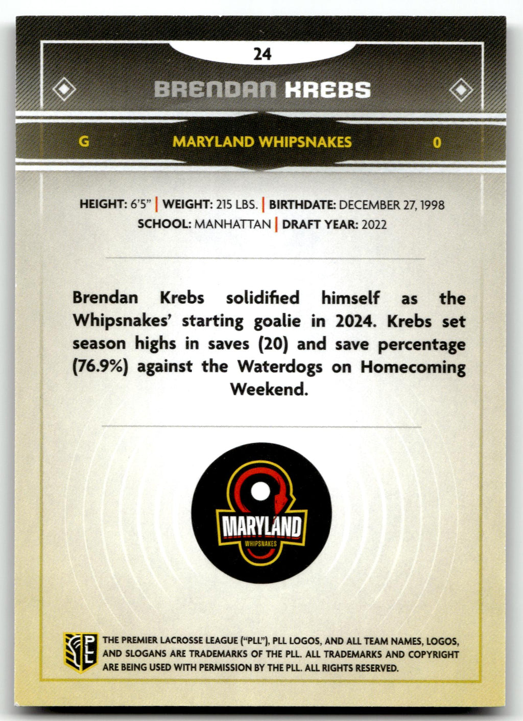 Brendan Krebs 2025 PLL Fieldside Maryland Whipsnakes Cream Of The Cropped #24
